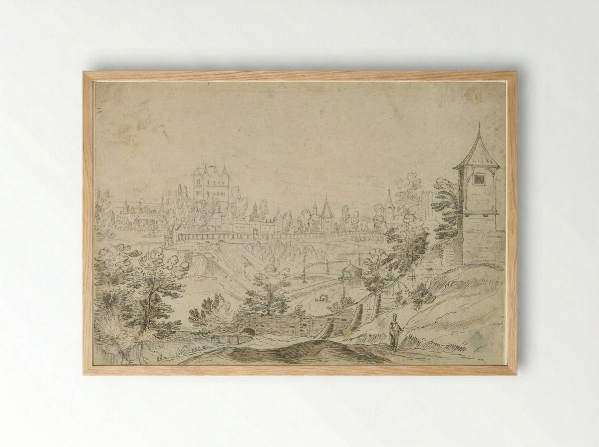 View of a Moated City in a Hilly Landscape - Frederik van Valckenborch - Framed Print Wood