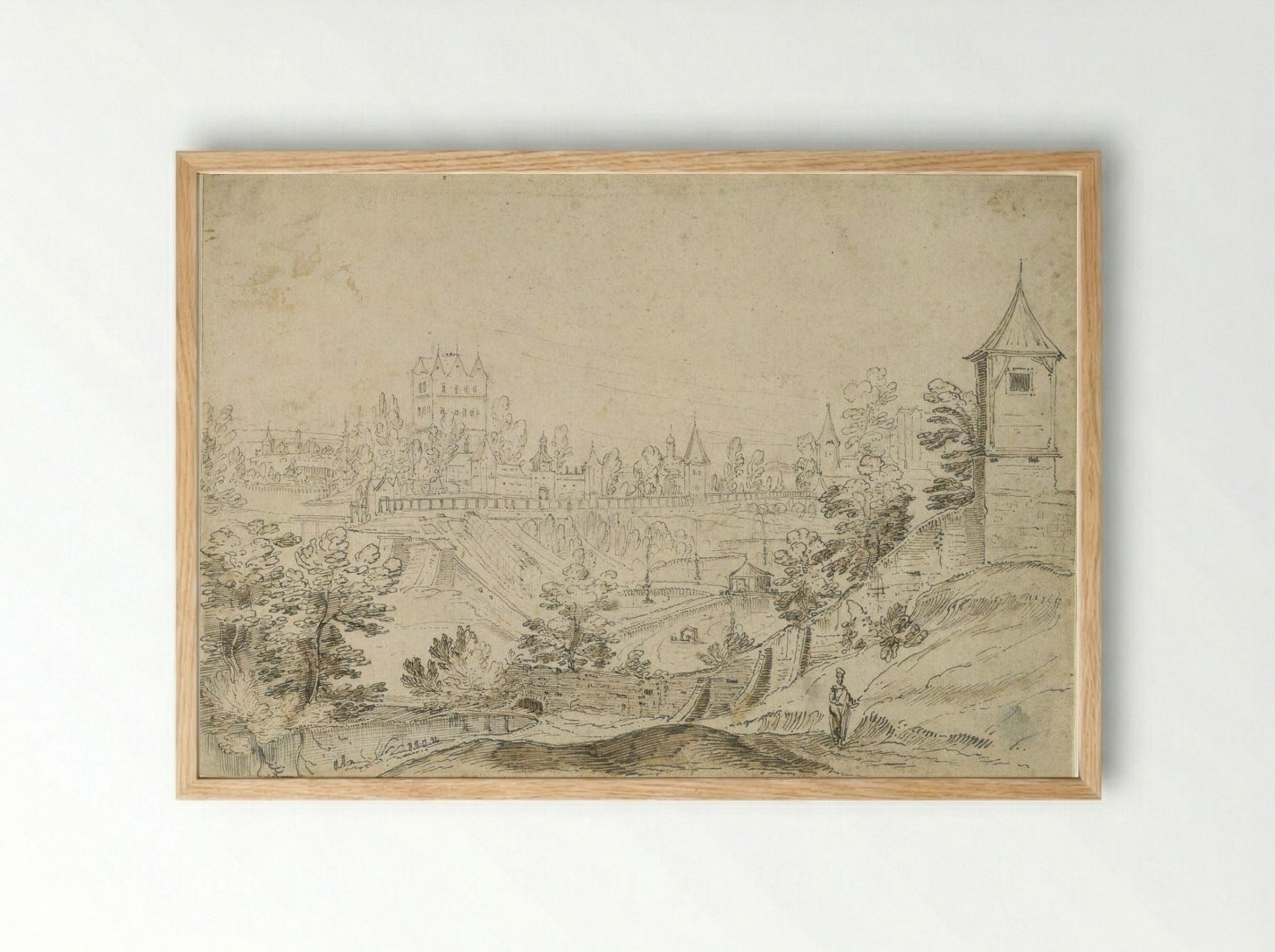 View of a Moated City in a Hilly Landscape - Frederik van Valckenborch - Framed Print Wood