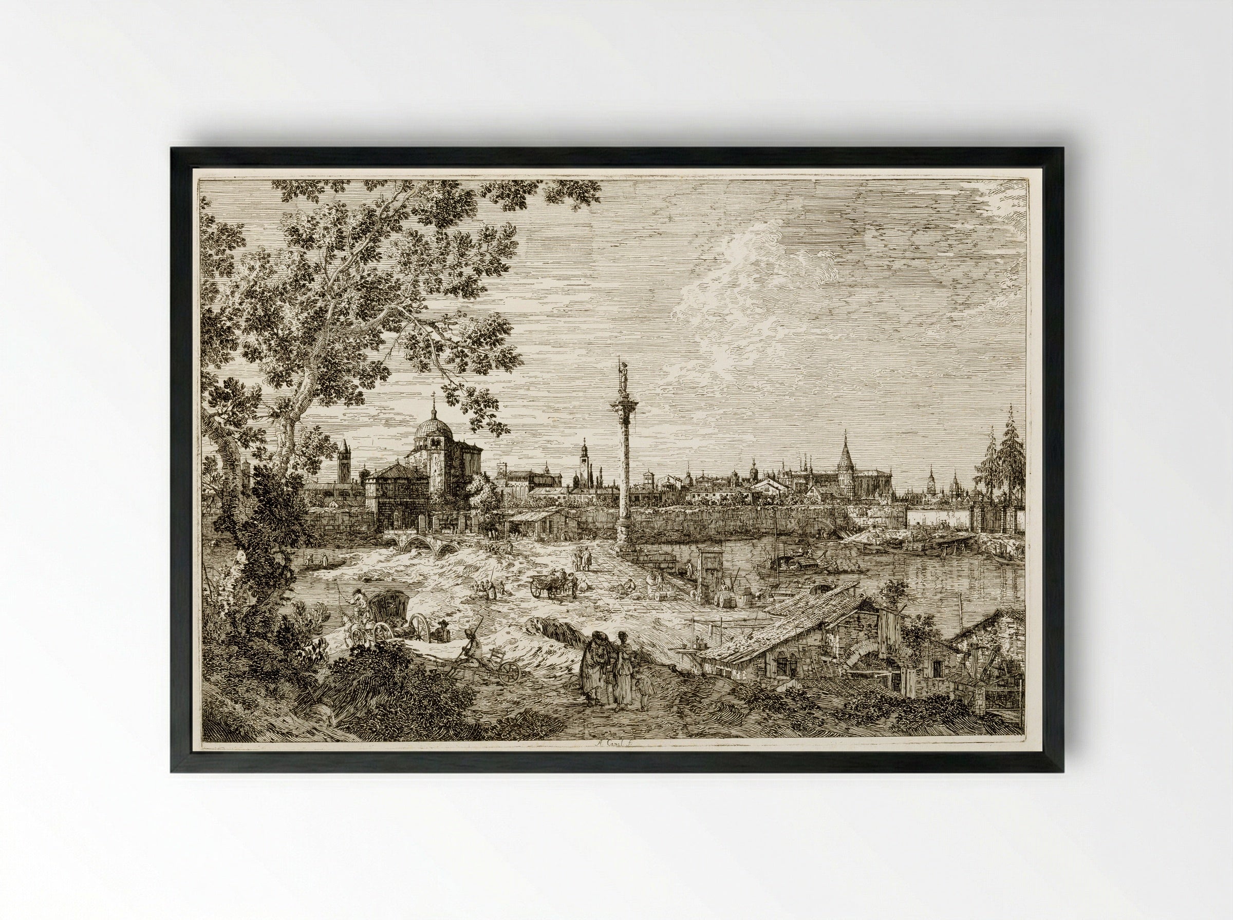 View of a River, Perhaps in Padua - Canaletto - Framed Print Black