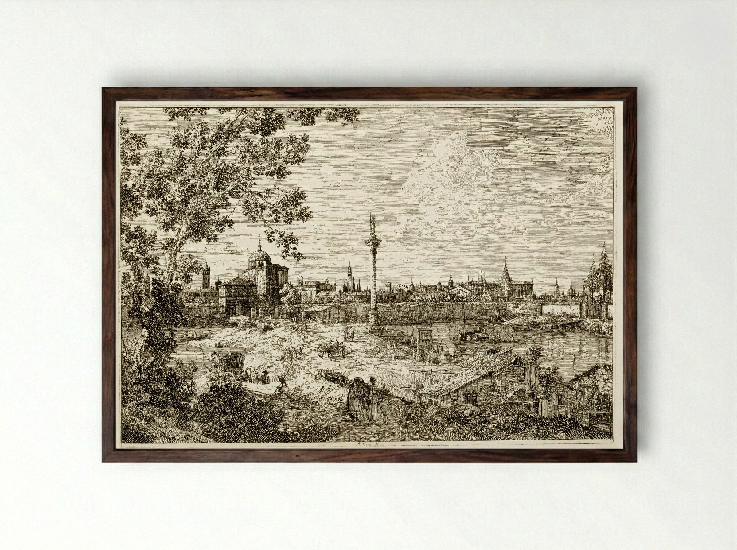 View of a River, Perhaps in Padua - Canaletto - Framed Print Dark Wood