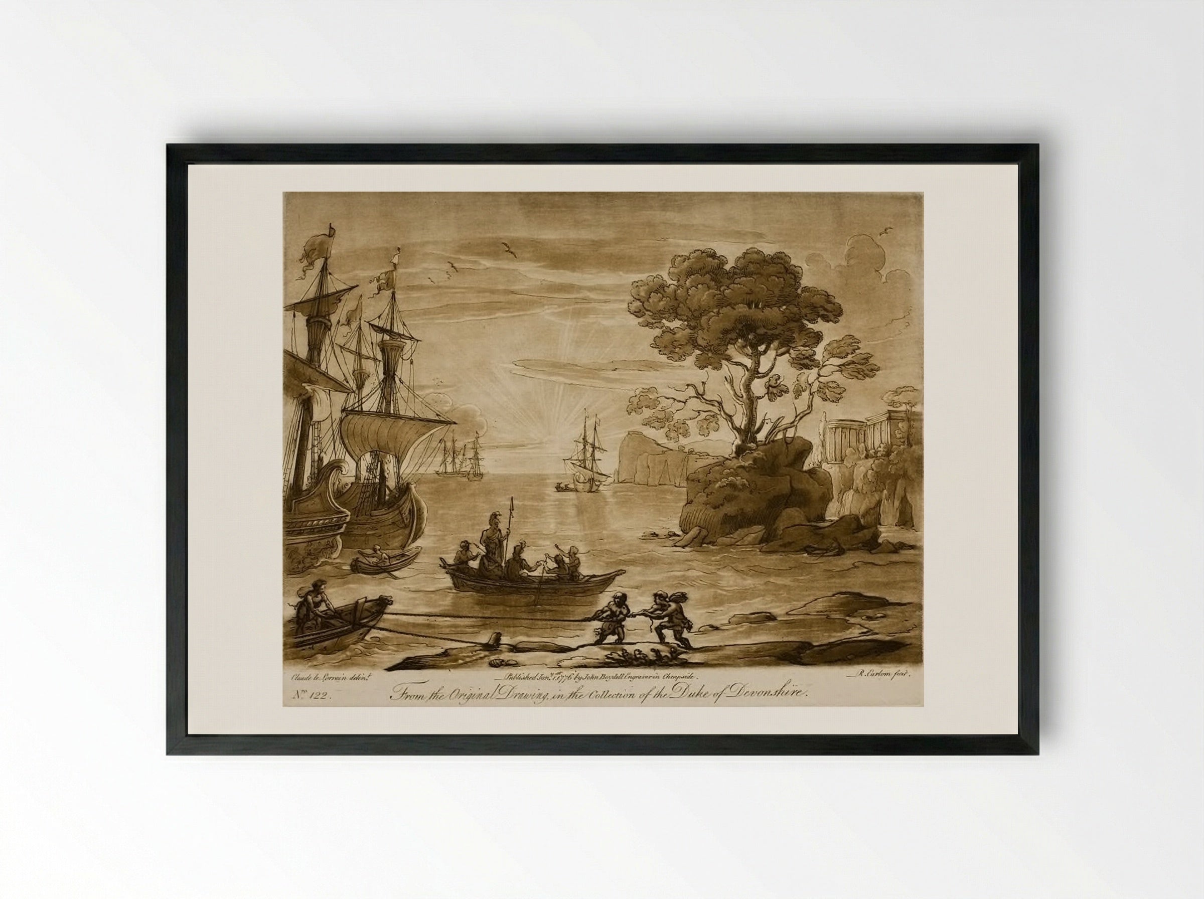 View of a Seaport at Sunrise, with the Landing of Eneas in Italy - Richard Earlom - Framed Print Black