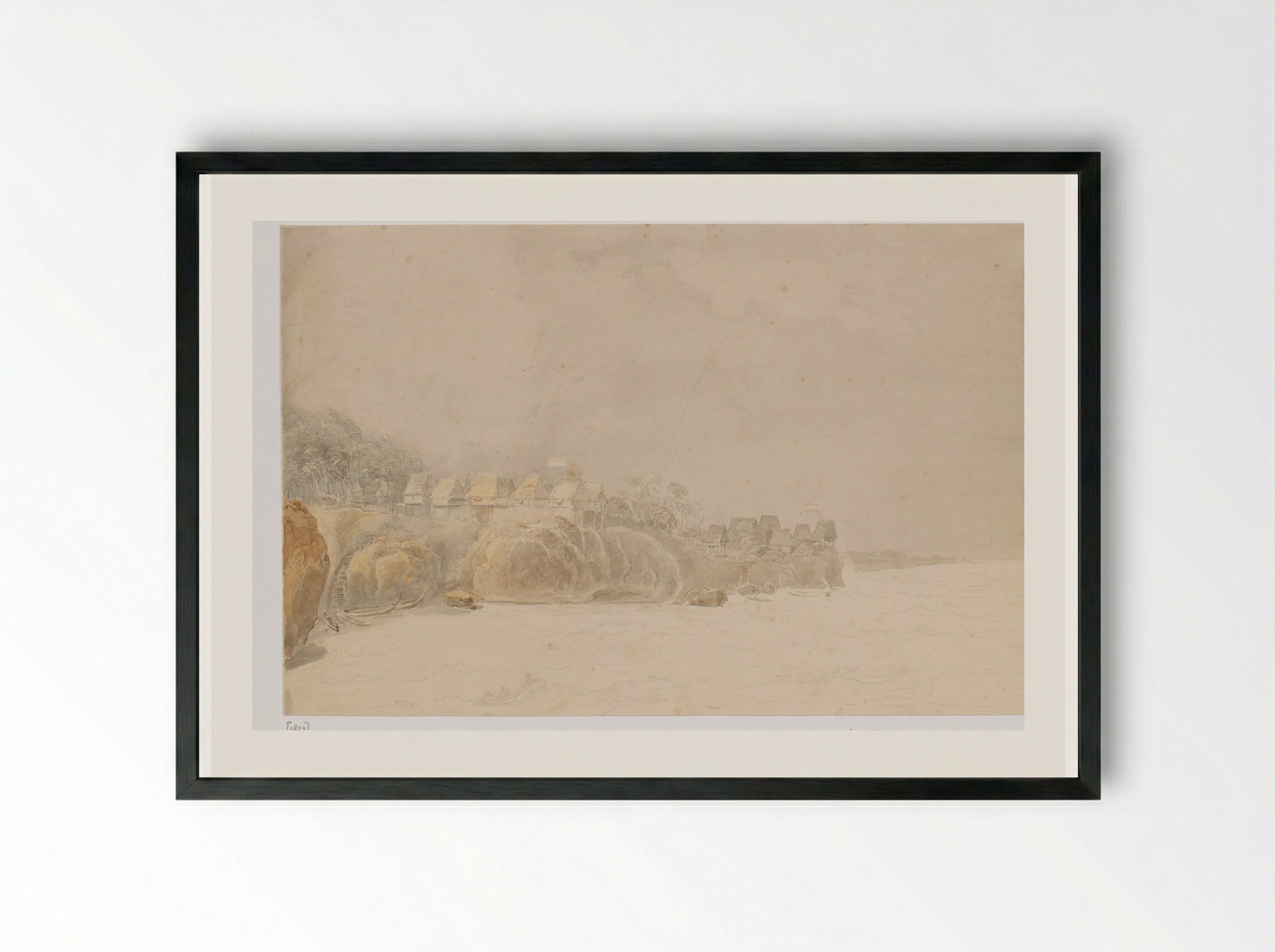View of a Settlement on the Coast of the Aru Islands - Adrianus Johannes Bik - Framed Print Black