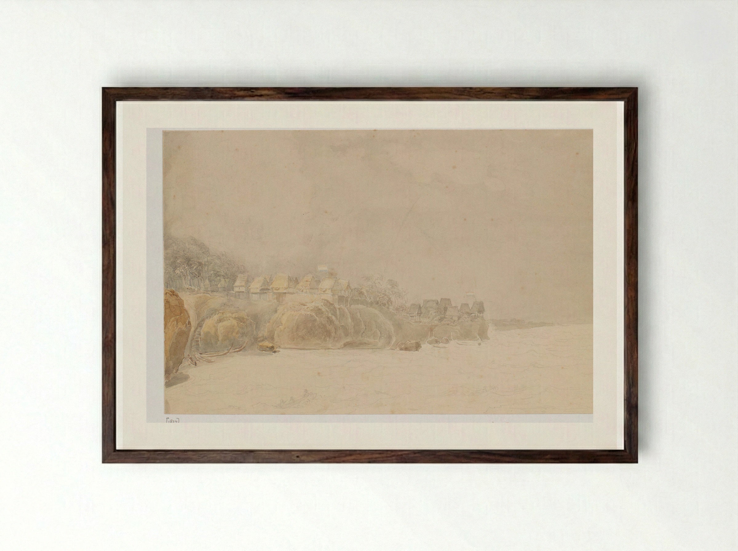 View of a Settlement on the Coast of the Aru Islands - Adrianus Johannes Bik - Framed Print Dark Wood