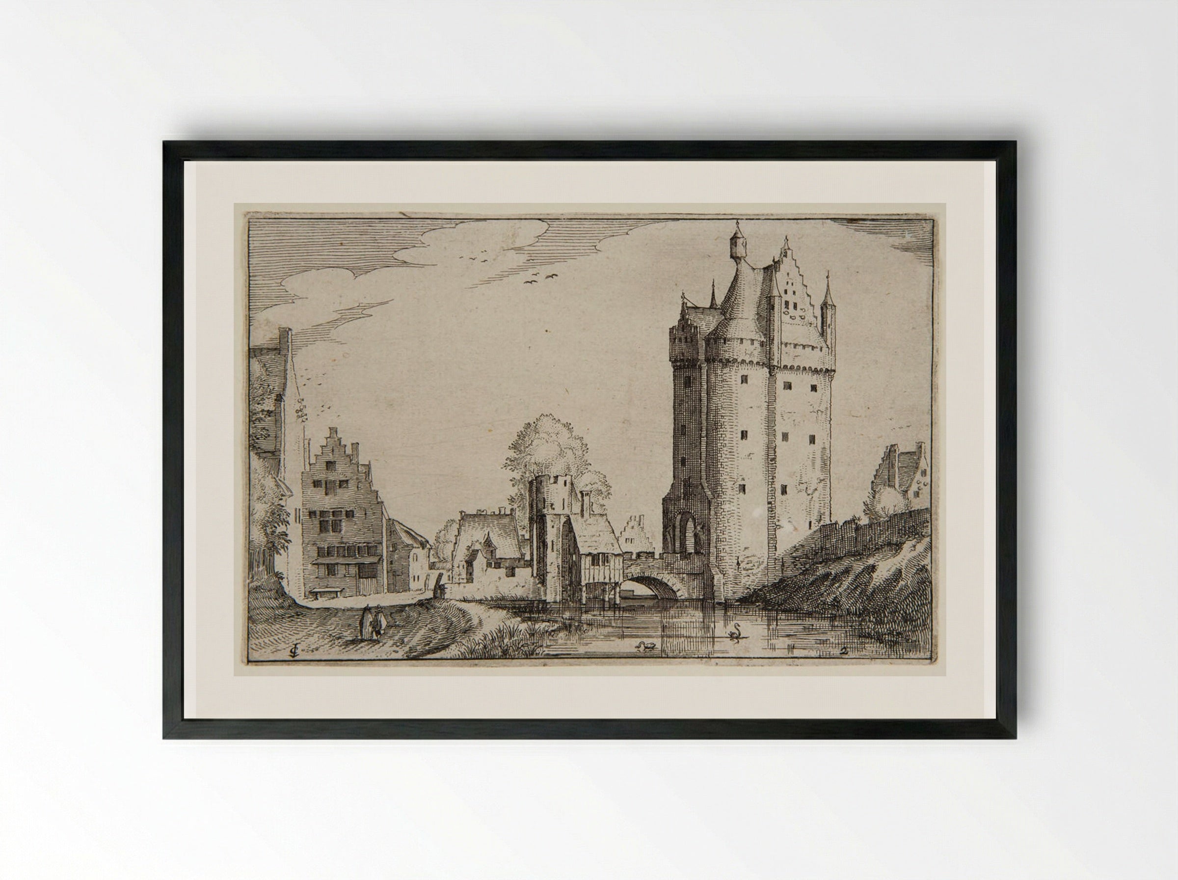 View of a Town with a Large Castle - Claes Jansz. Visscher - Framed Print Black