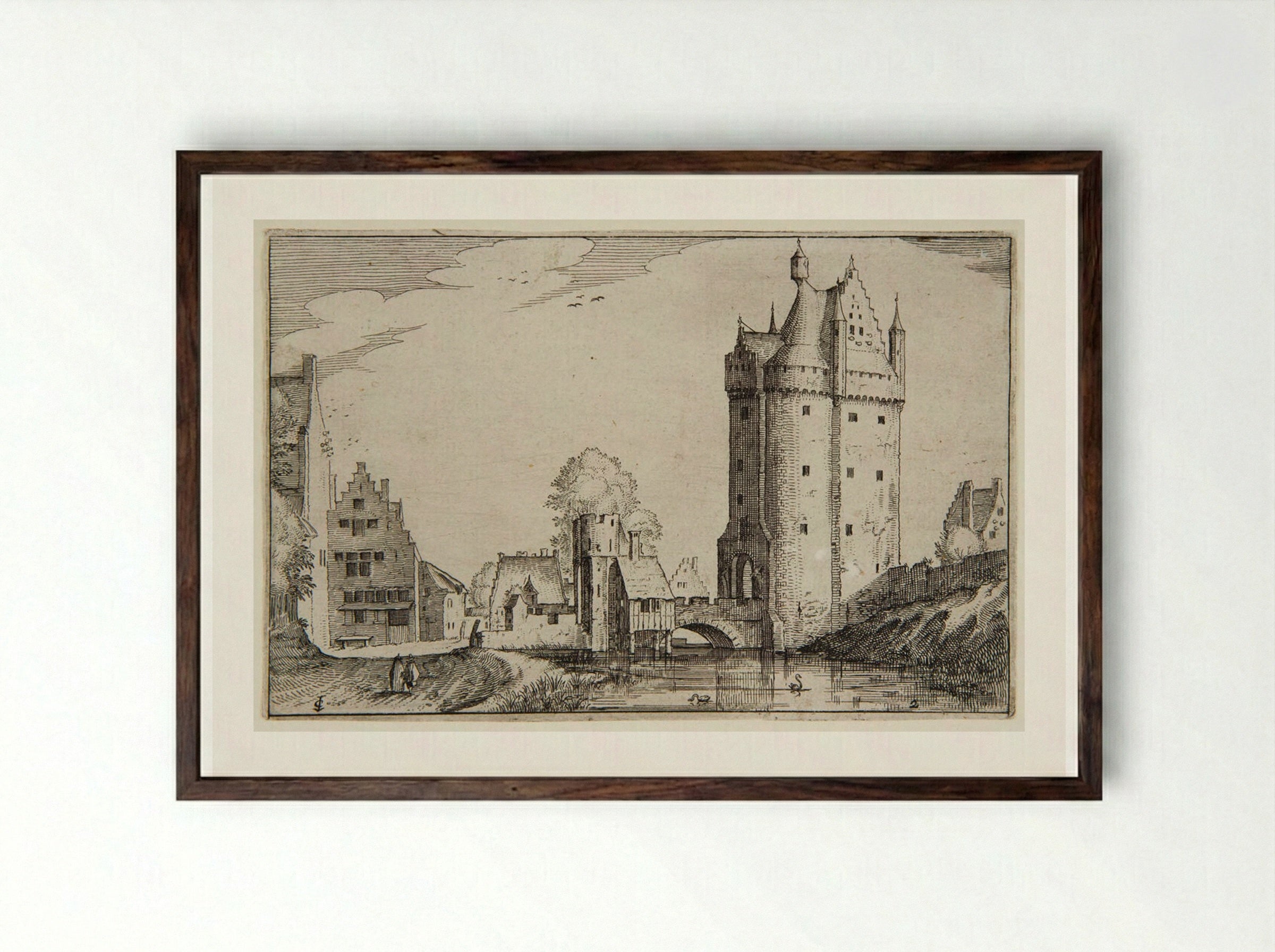View of a Town with a Large Castle - Claes Jansz. Visscher - Framed Print Dark Wood