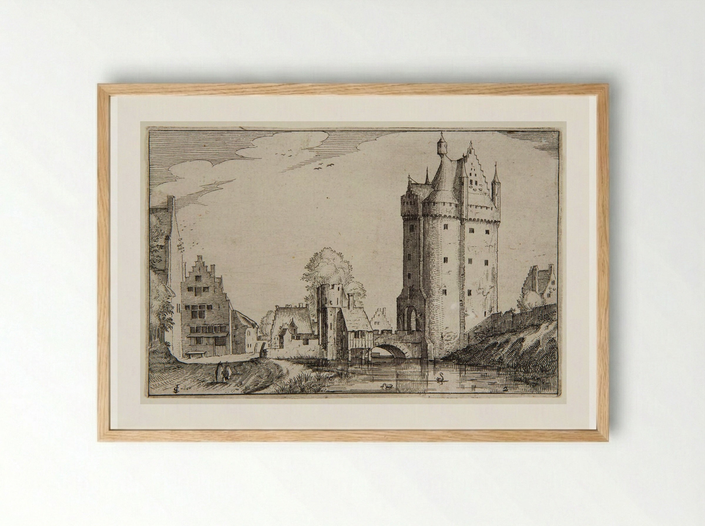 View of a Town with a Large Castle - Claes Jansz. Visscher - Framed Print Wood