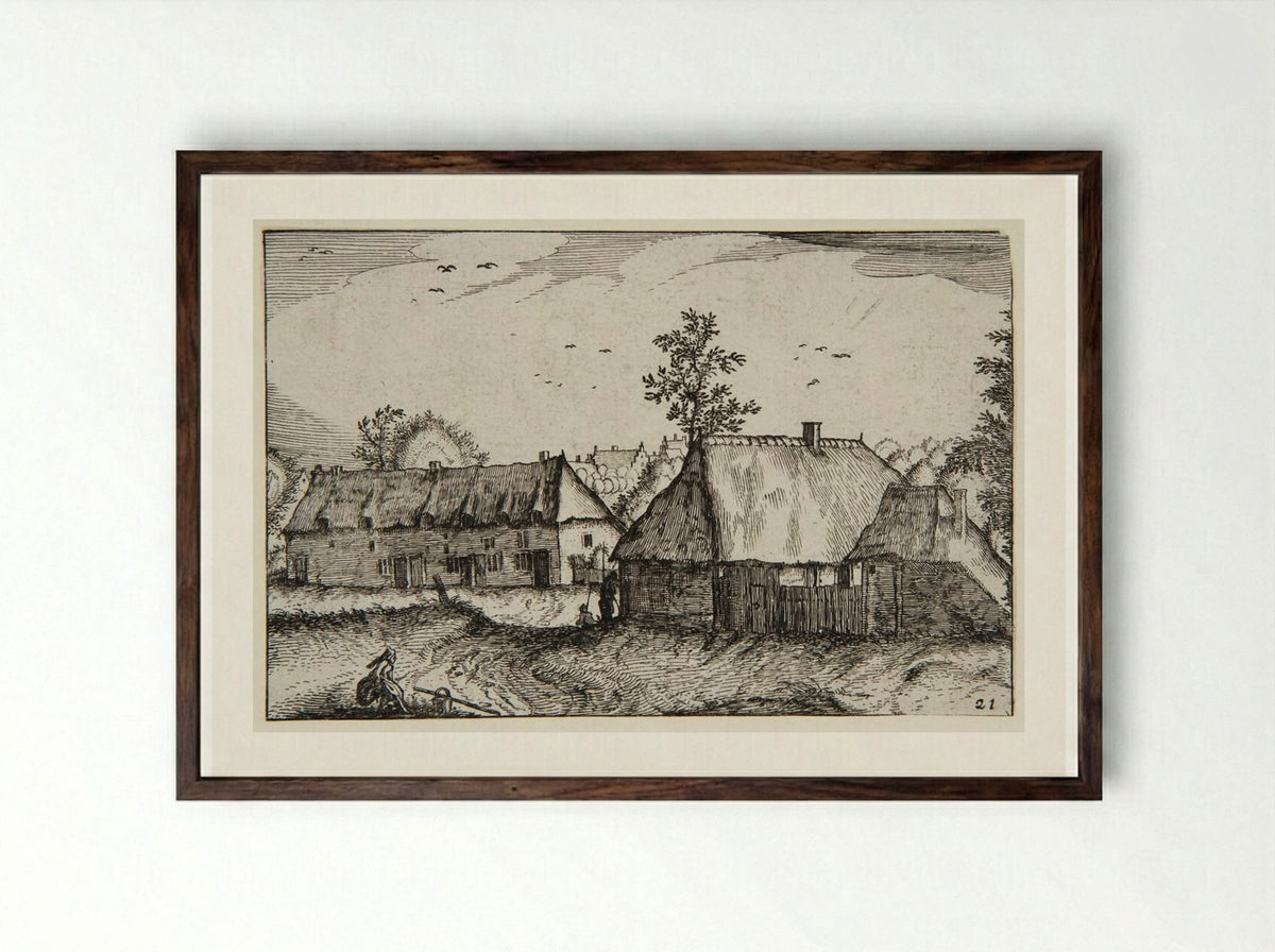 View of a Town with a Woman in the Foreground - Claes Jansz. Visscher - Framed Print Dark Wood