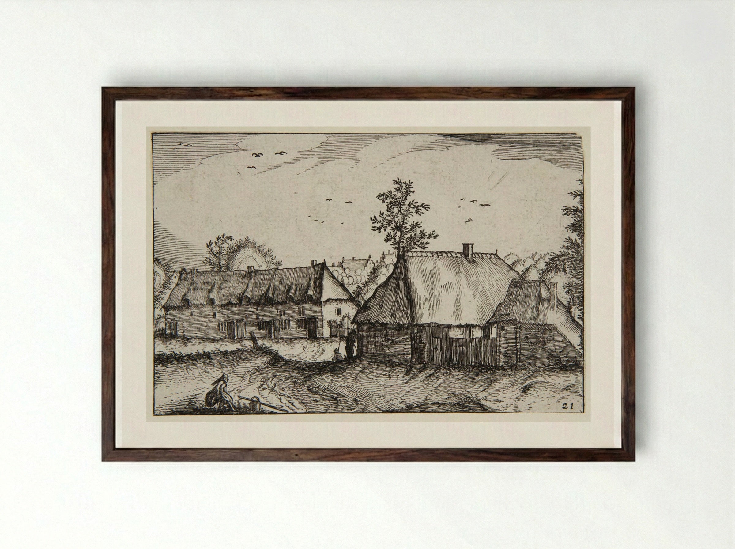 View of a Town with a Woman in the Foreground - Claes Jansz. Visscher - Framed Print Dark Wood