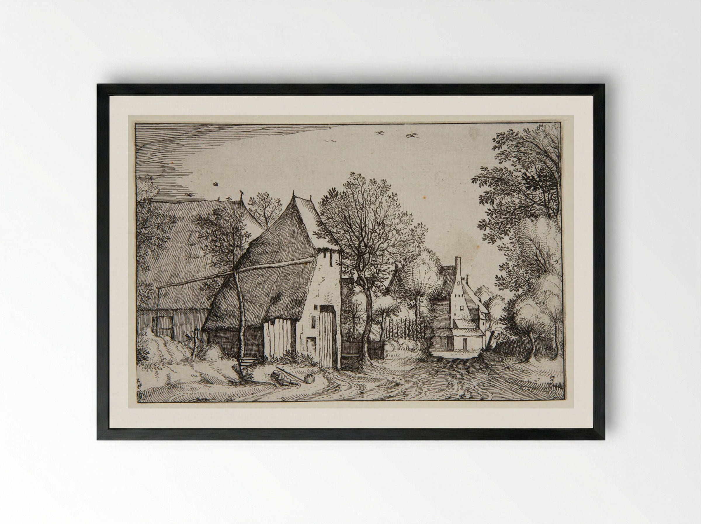 View of a Village with a Traveler Sleeping - Claes Jansz. Visscher - Framed Print Black