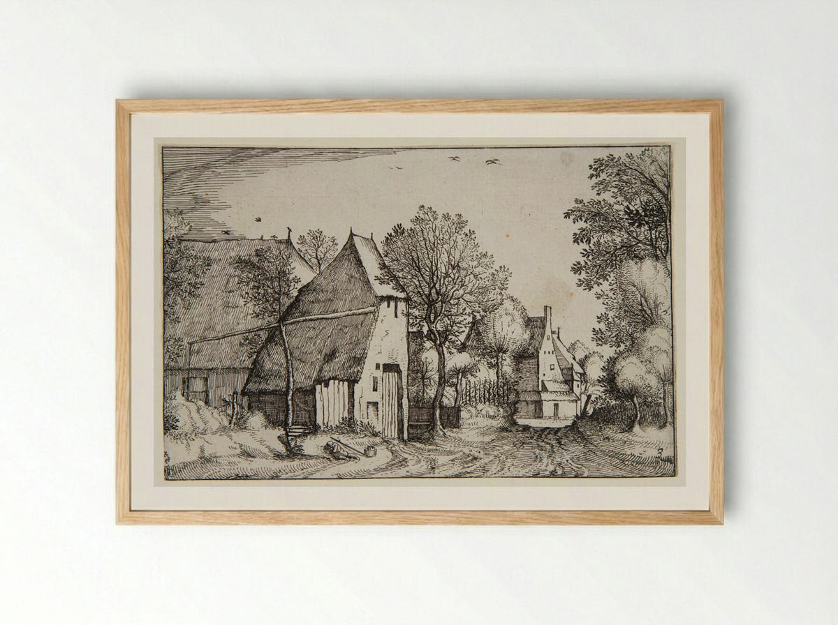 View of a Village with a Traveler Sleeping - Claes Jansz. Visscher - Framed Print Wood