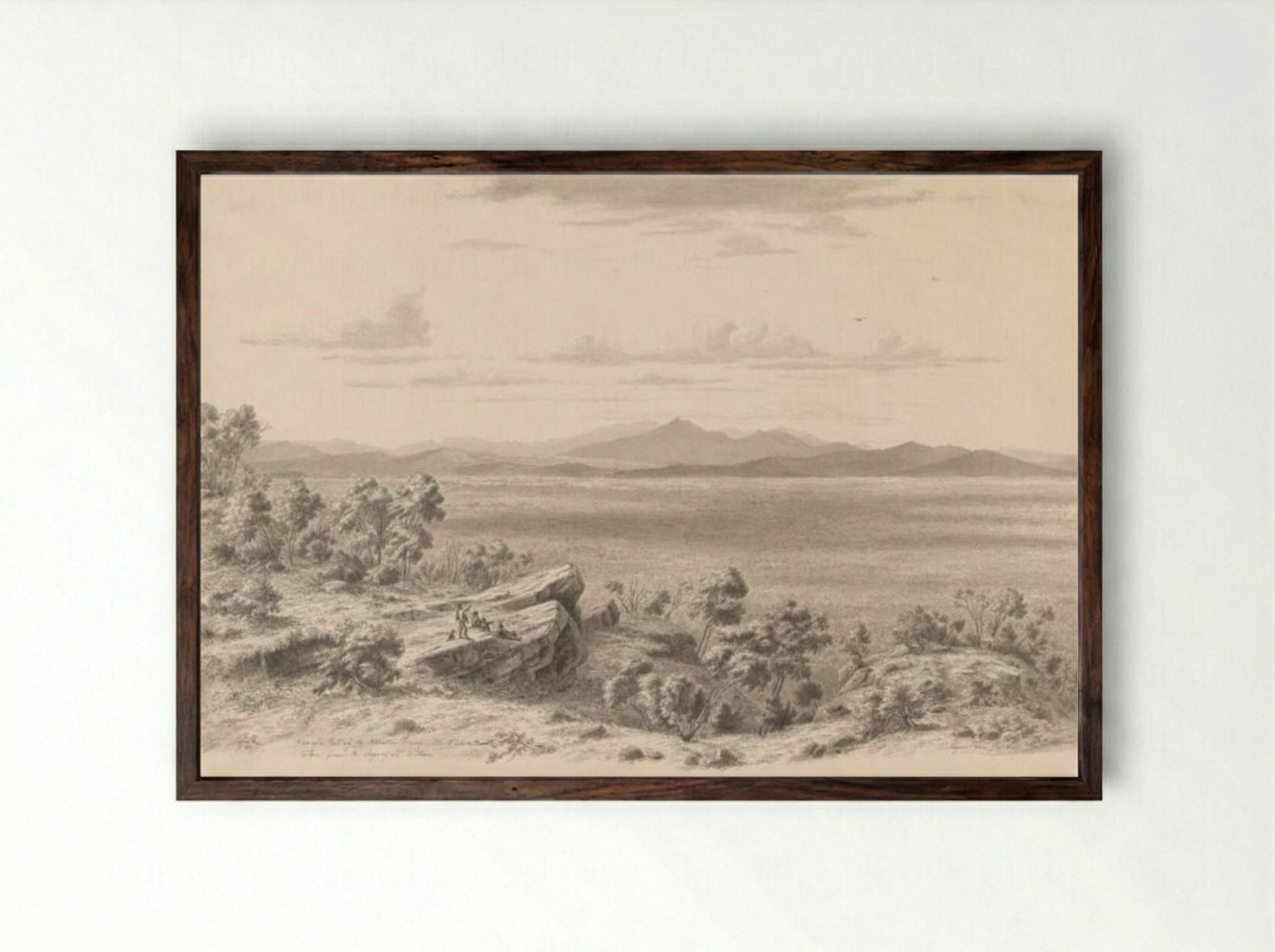 View of a part of the Australian Pyrenees, little Mt Cole and Ararat, taken from the slopes of Mt William - Eugene von Guerard - Framed Print Dark Wood