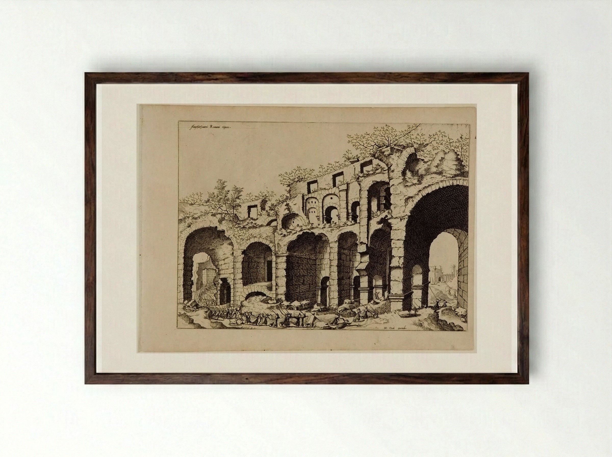 View of an Amphitheater, Probably the Colosseum - Hieronymus Cock - Framed Print Dark Wood