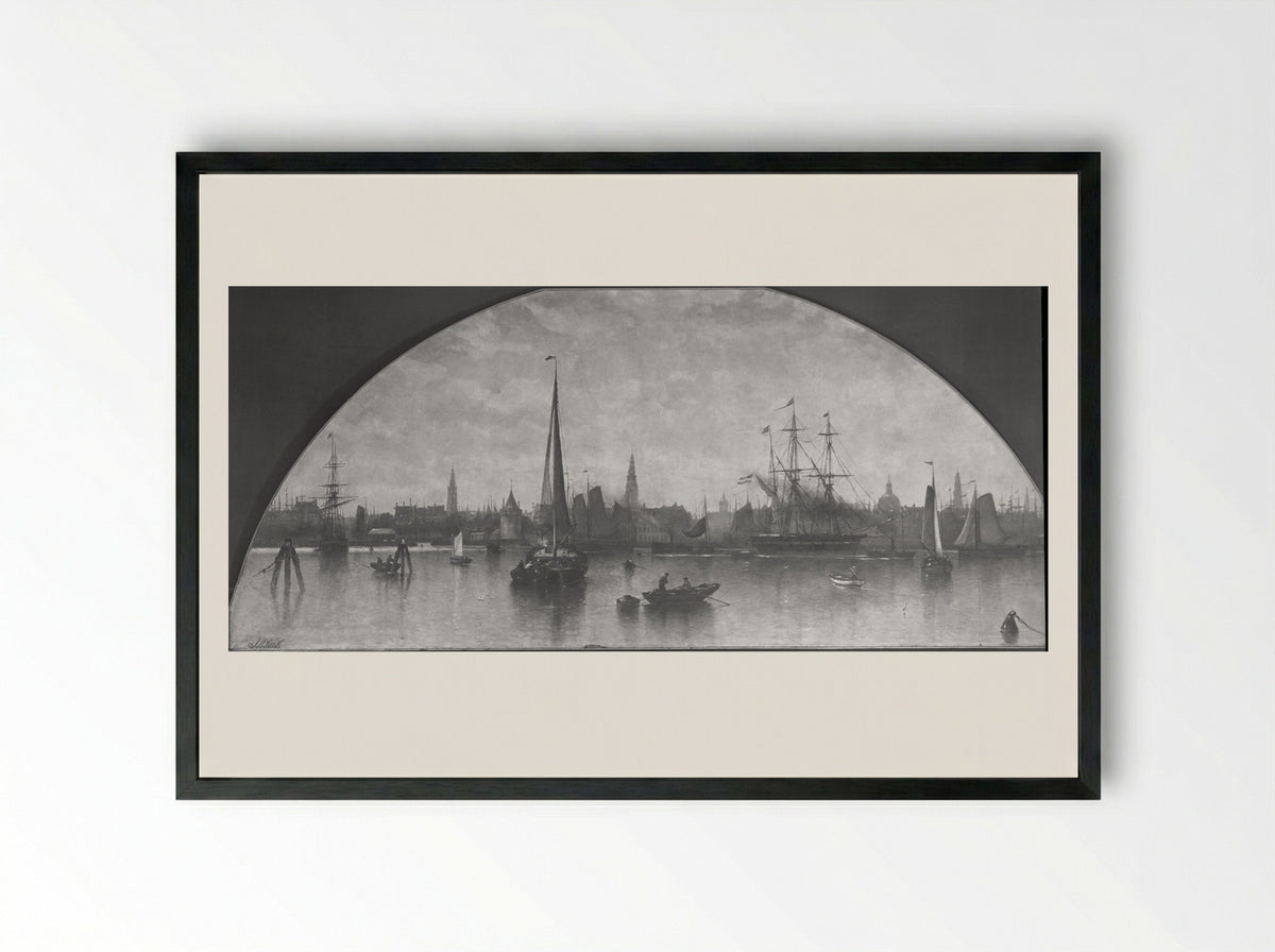 View of the Amsterdam Harbour - Johan Adolph Rust - Framed Print Black