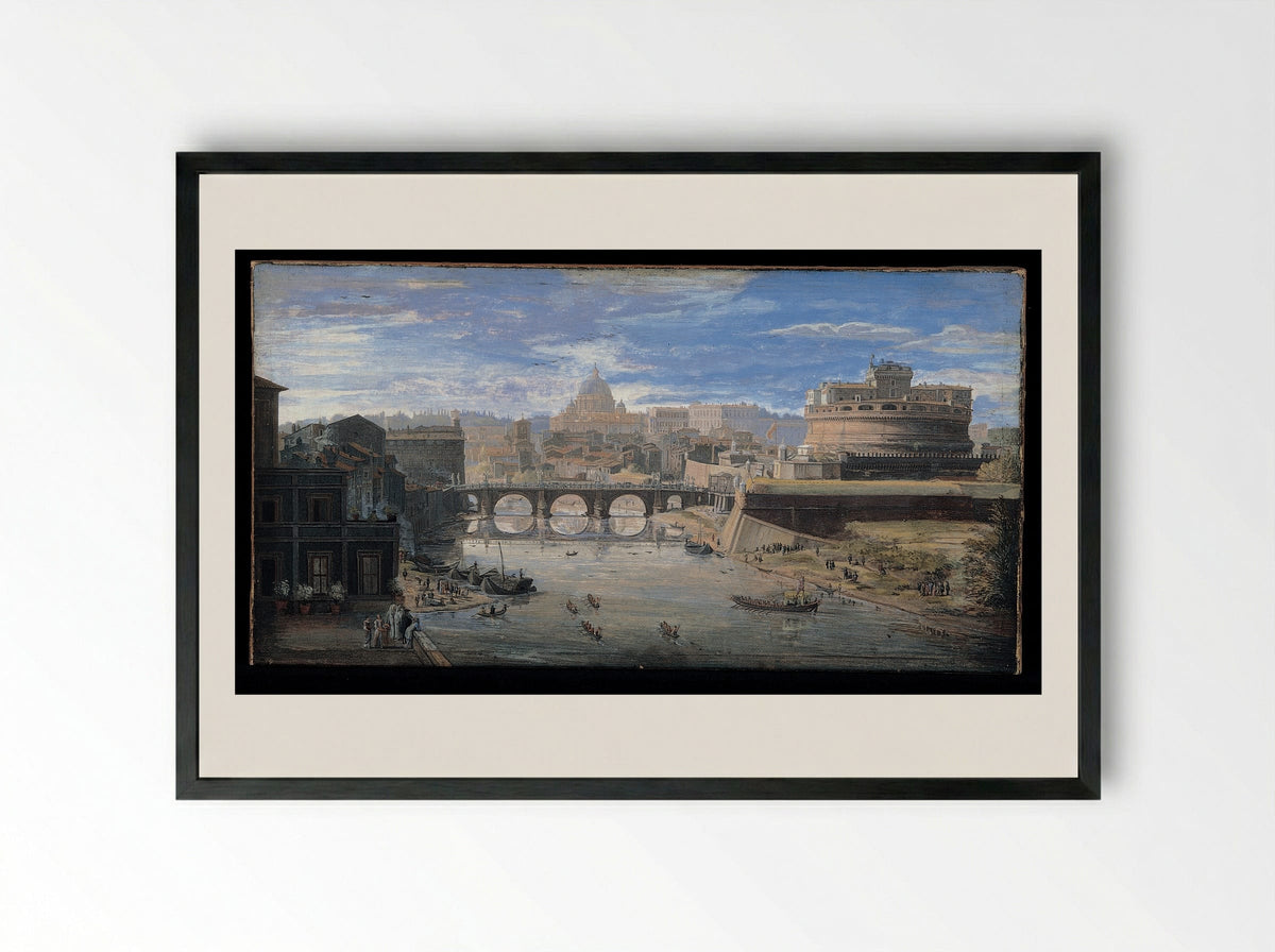 View of the Castel Sant'Angelo and the Tiber - Caspar van Wittel - Framed Print Black