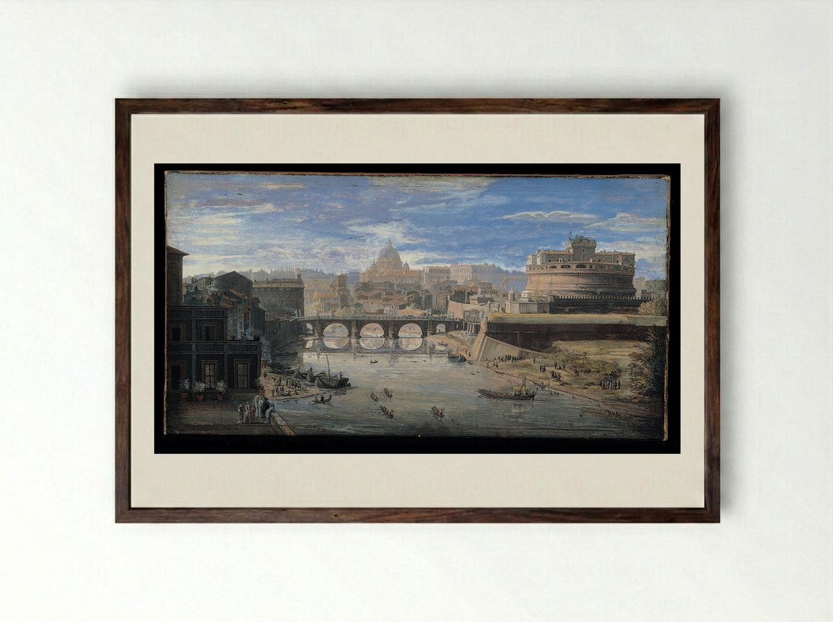View of the Castel Sant'Angelo and the Tiber - Caspar van Wittel - Framed Print Dark Wood