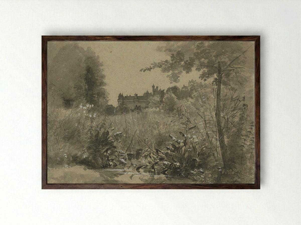 View of the Château of Pierrefonds - François-Louis Français - Framed Print Dark Wood