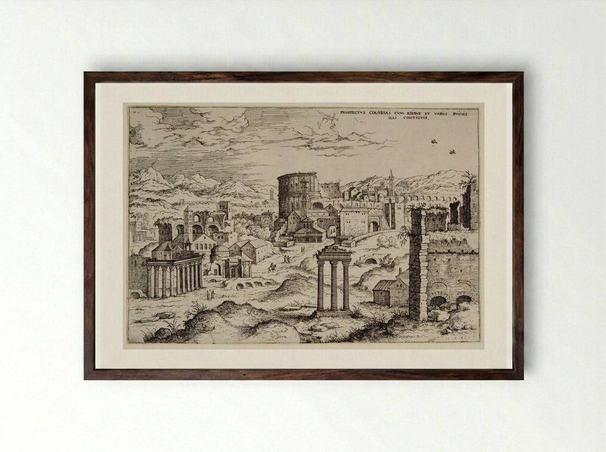View of the Colosseum and Adjacent Ruins - Hieronymus Cock - Framed Print Dark Wood