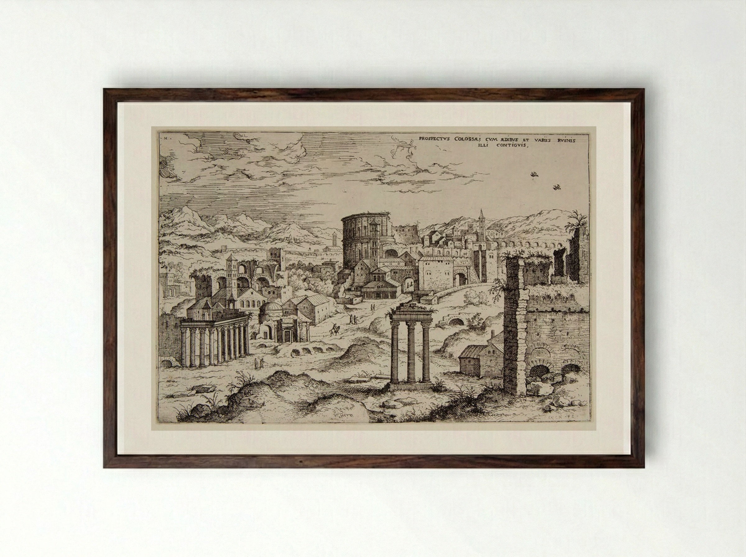 View of the Colosseum and Adjacent Ruins - Hieronymus Cock - Framed Print Dark Wood