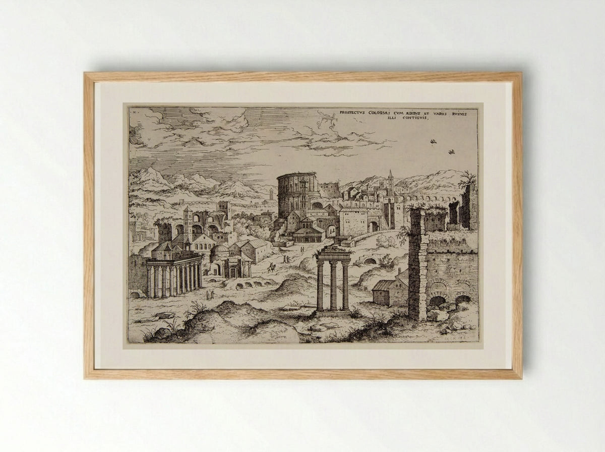 View of the Colosseum and Adjacent Ruins - Hieronymus Cock - Framed Print Wood