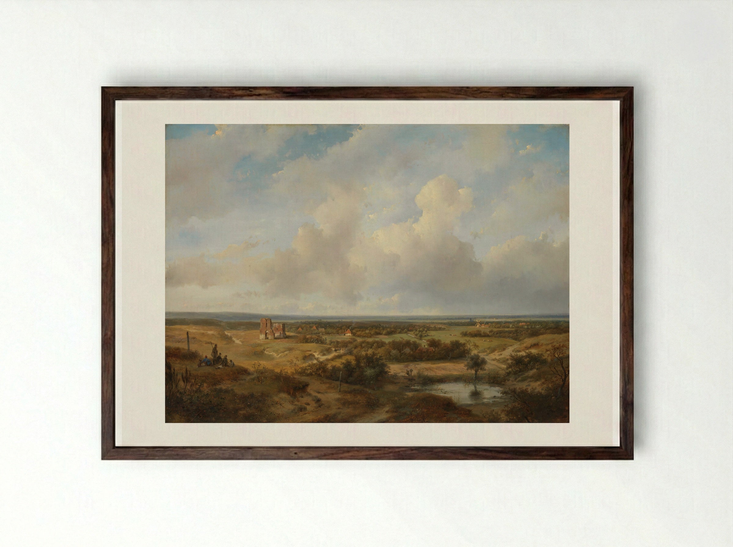 View of the Dunes with the Ruins of Brederode Castle near Santpoort - Andreas Schelfhout - Framed Print Dark Wood