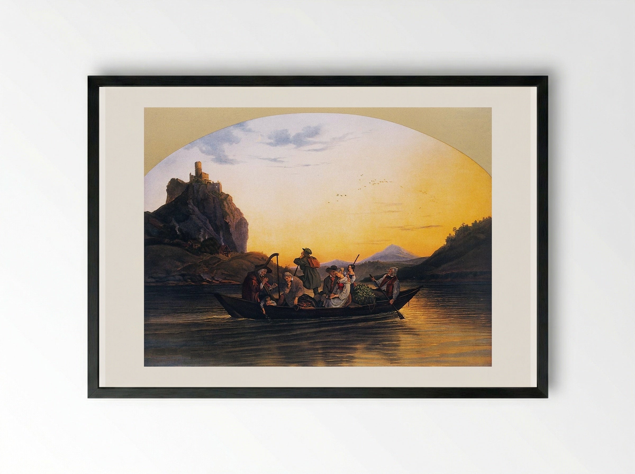 View of the Elbe with the Town of Aussig in the Foreground and the Schreckenstein at the Turn of the River - Adrian Ludwig Richter - Framed Print Black