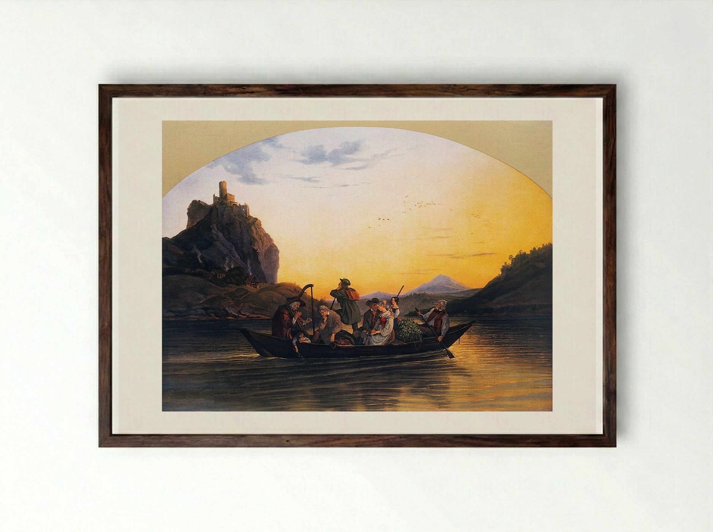 View of the Elbe with the Town of Aussig in the Foreground and the Schreckenstein at the Turn of the River - Adrian Ludwig Richter - Framed Print Dark Wood