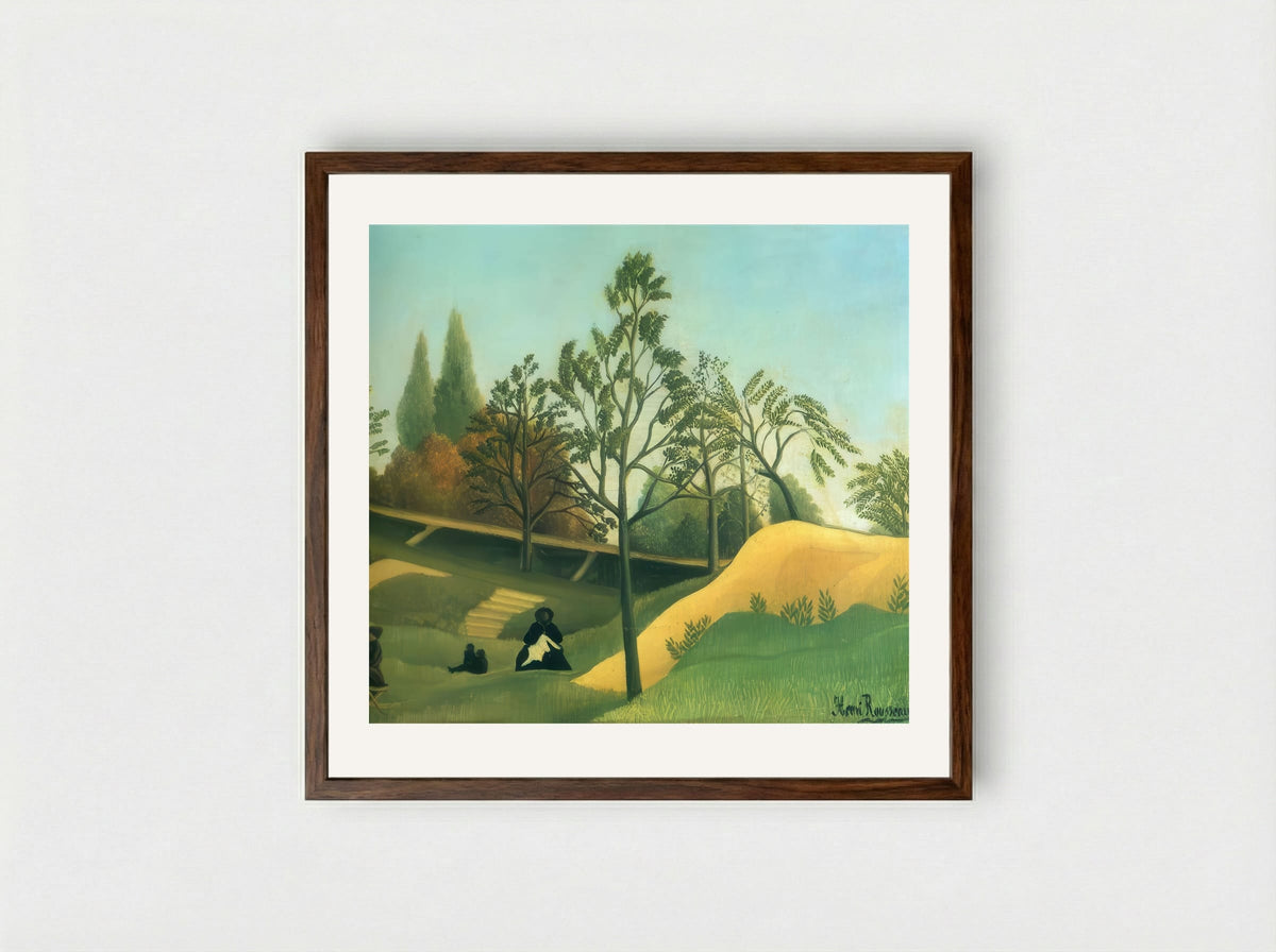 View of the Fortifications by Henri Rousseau – Naïve Art Urban Landscape Print - Framed Print Dark Wood