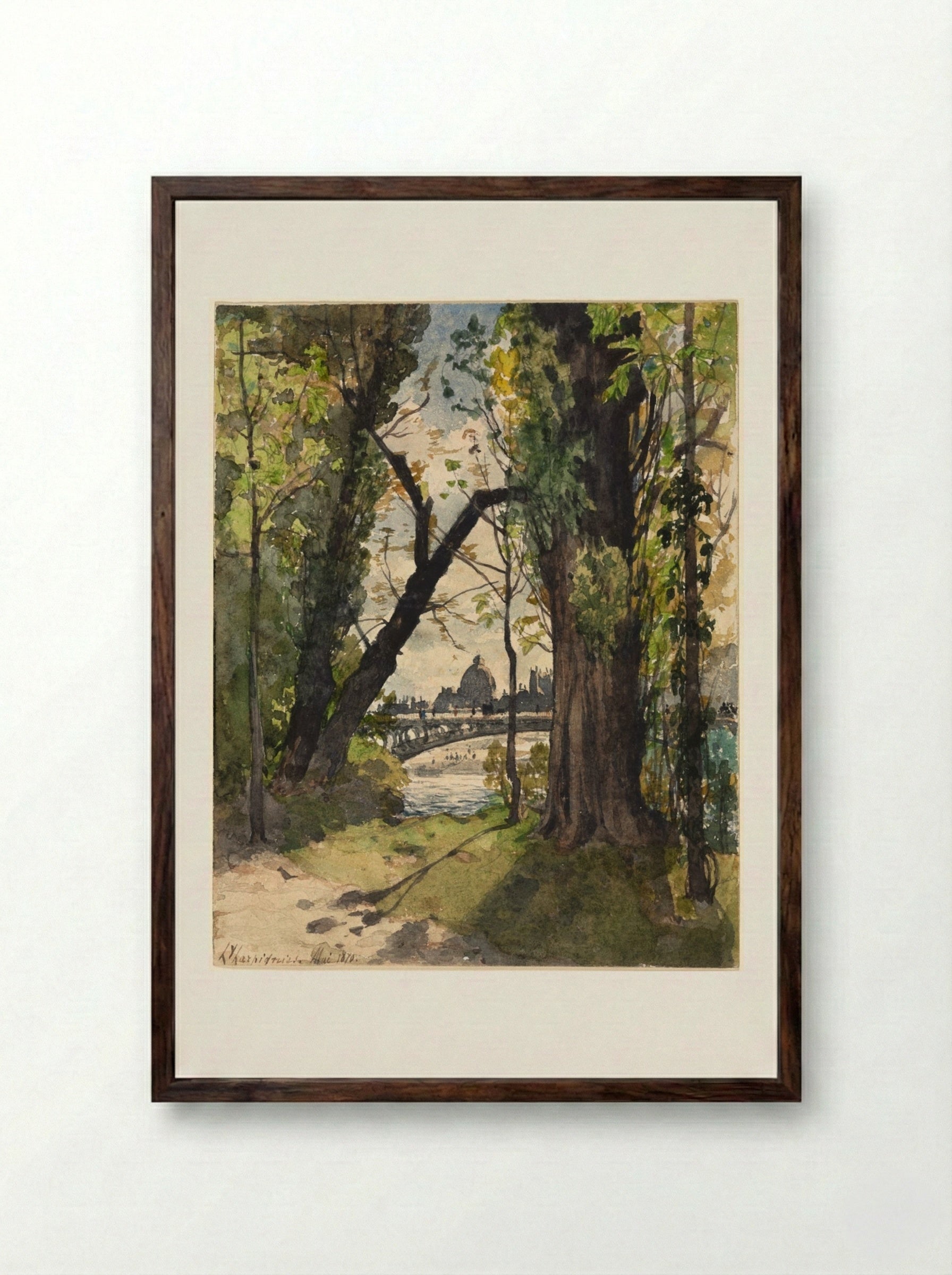 View of the Institut de France from the Foot of the Pont Royal - Henri Joseph Harpignies - Framed Print Dark Wood
