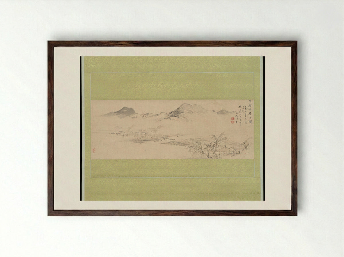 View of the Kamo River from Sanbogi at Dawn - Oda Kaisen - Framed Print Dark Wood