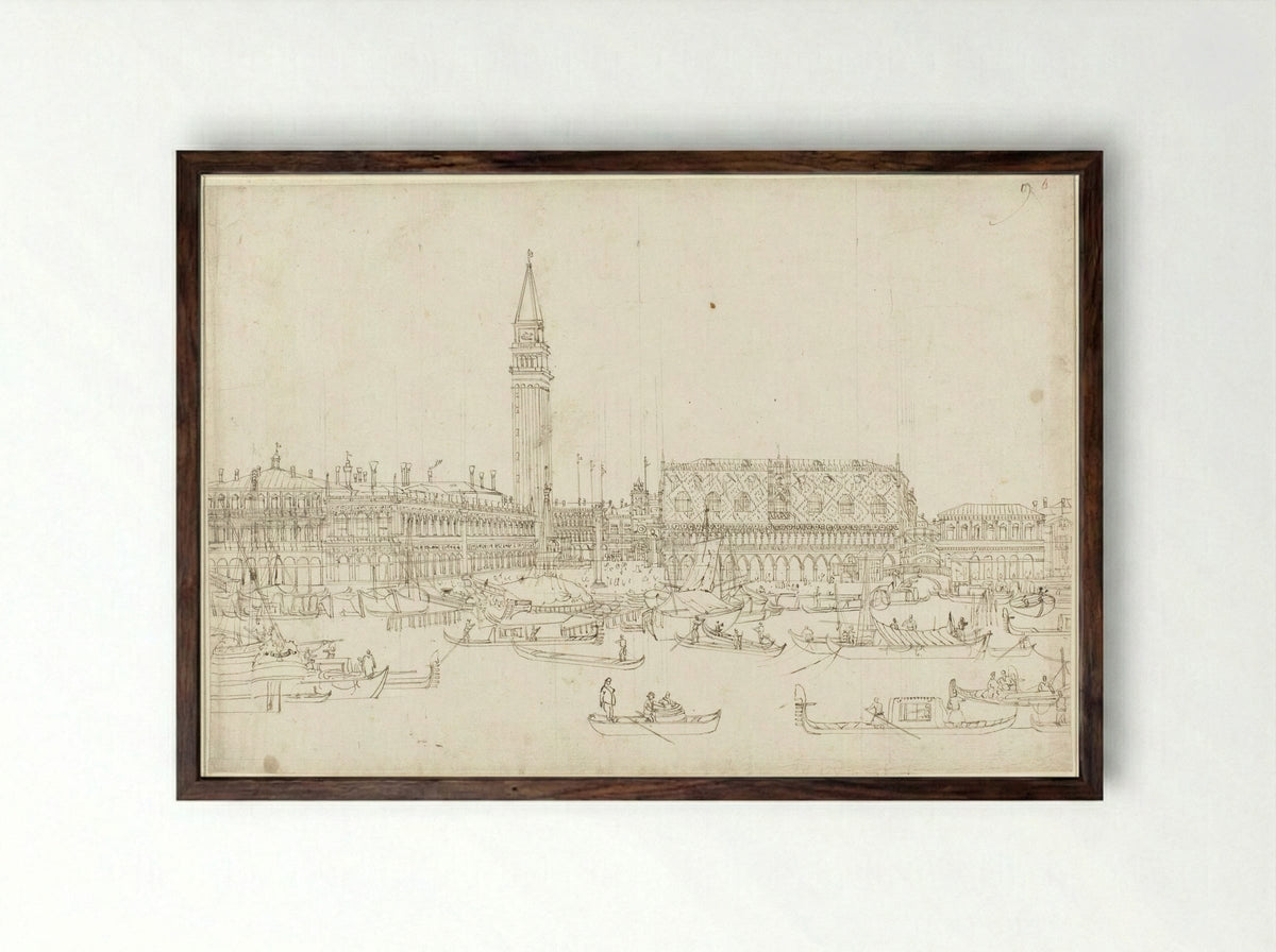 View of the Library, Campanile and Doge's Palace, Venice - Bernardo Bellotto - Framed Print Dark Wood