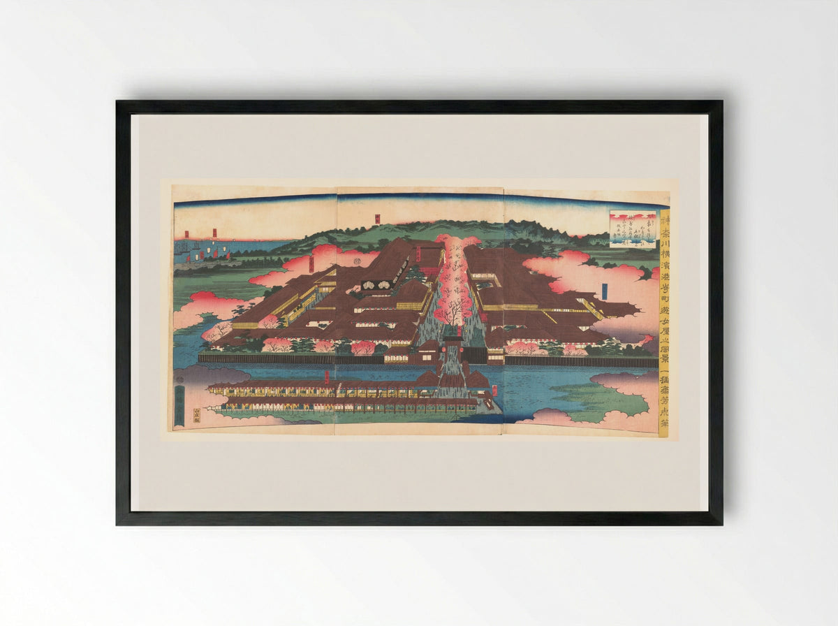 View of the Miyozaki Brothel District in Yokohama, Kanagawa - Utagawa Yoshitora - Framed Print Black