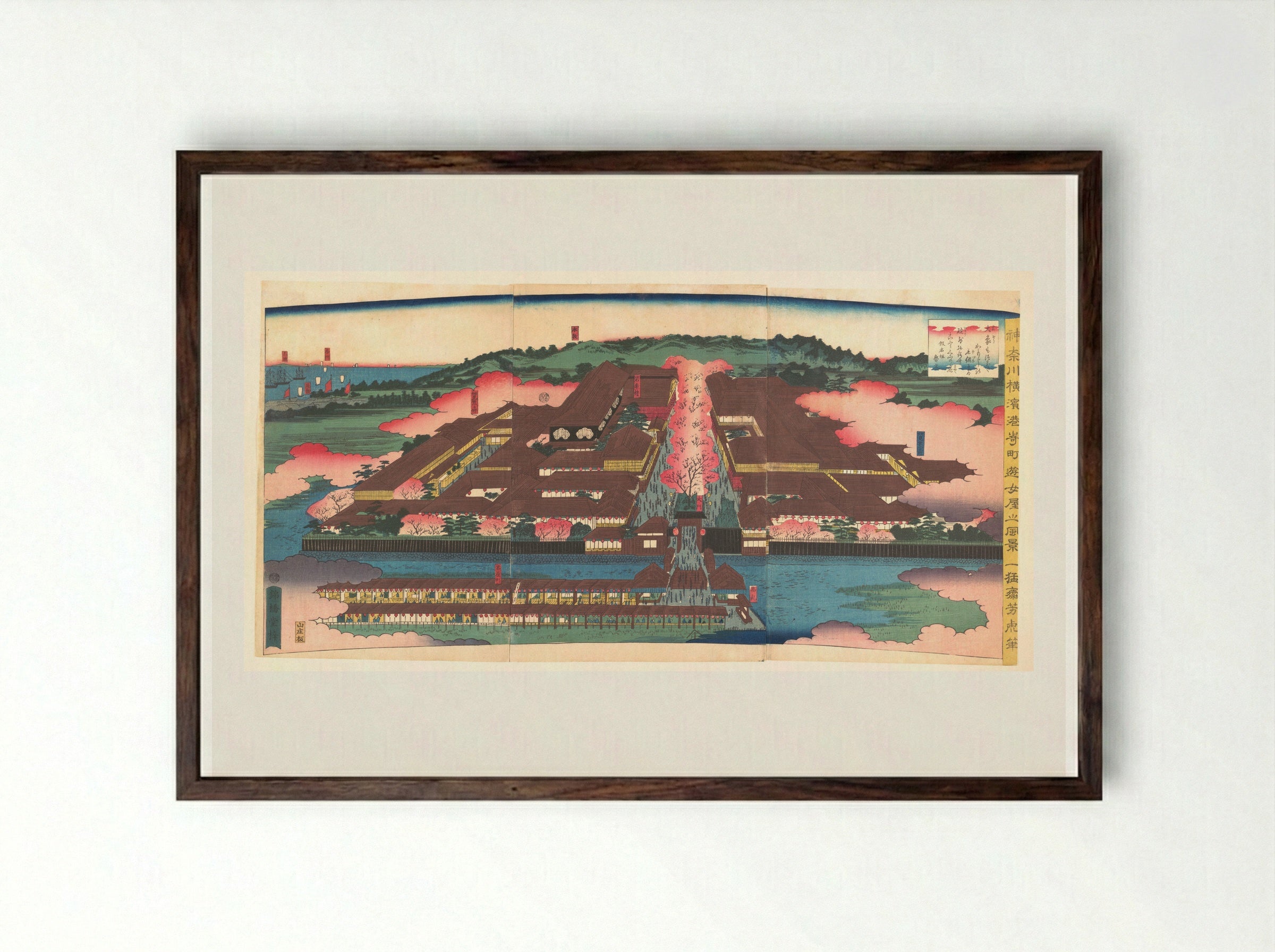 View of the Miyozaki Brothel District in Yokohama, Kanagawa - Utagawa Yoshitora - Framed Print Dark Wood
