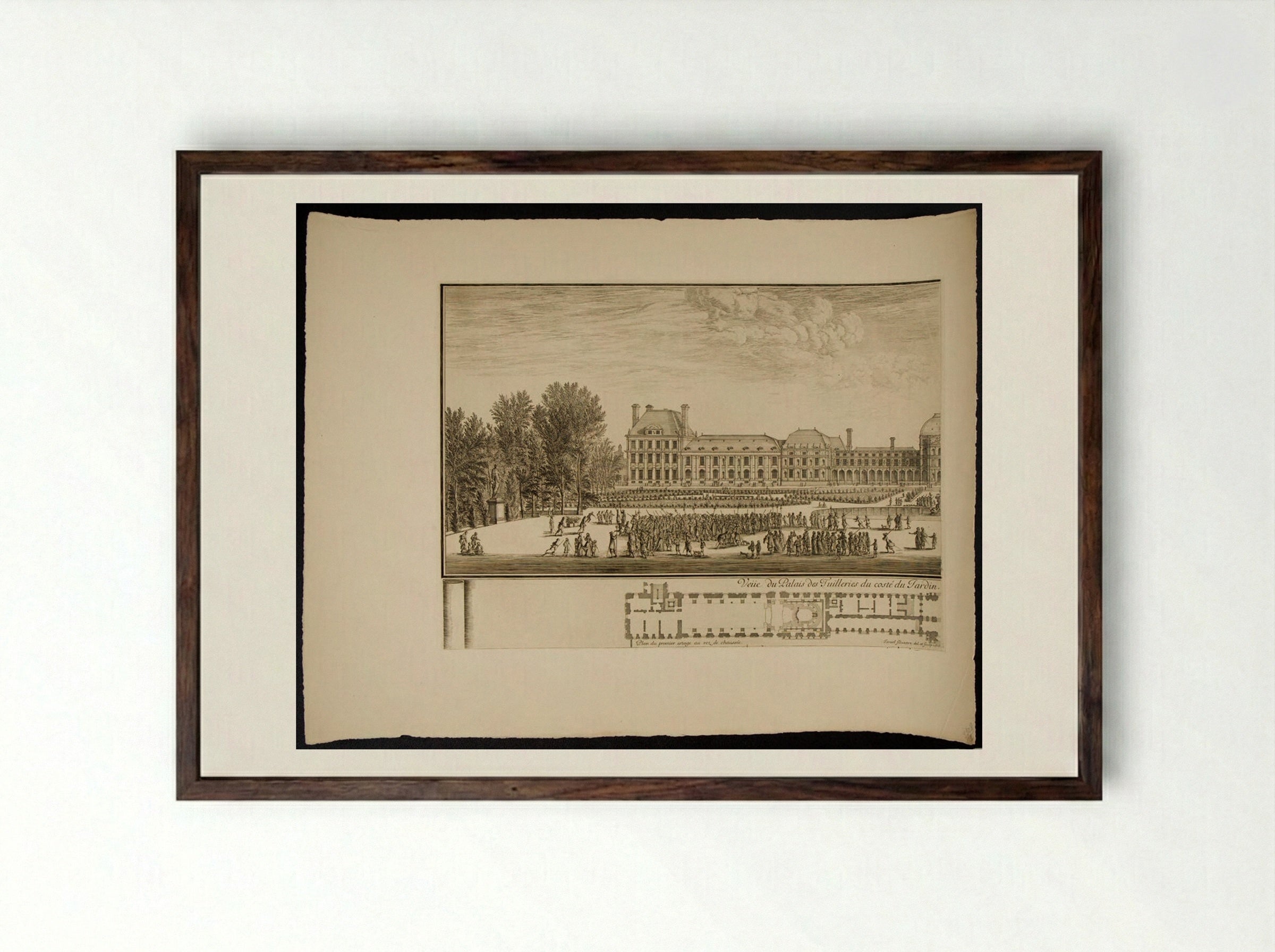 View of the Palace Commonly Called Tuilleries Seen from the Garden, with Plan - Israël Silvestre - Framed Print Dark Wood
