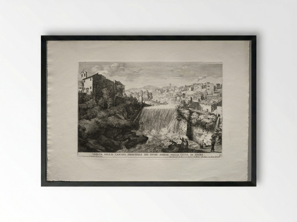 View of the Principal Cascade of the River Aniene in the City of Tivoli - Giovanni Francesco Venturini - Framed Print Black