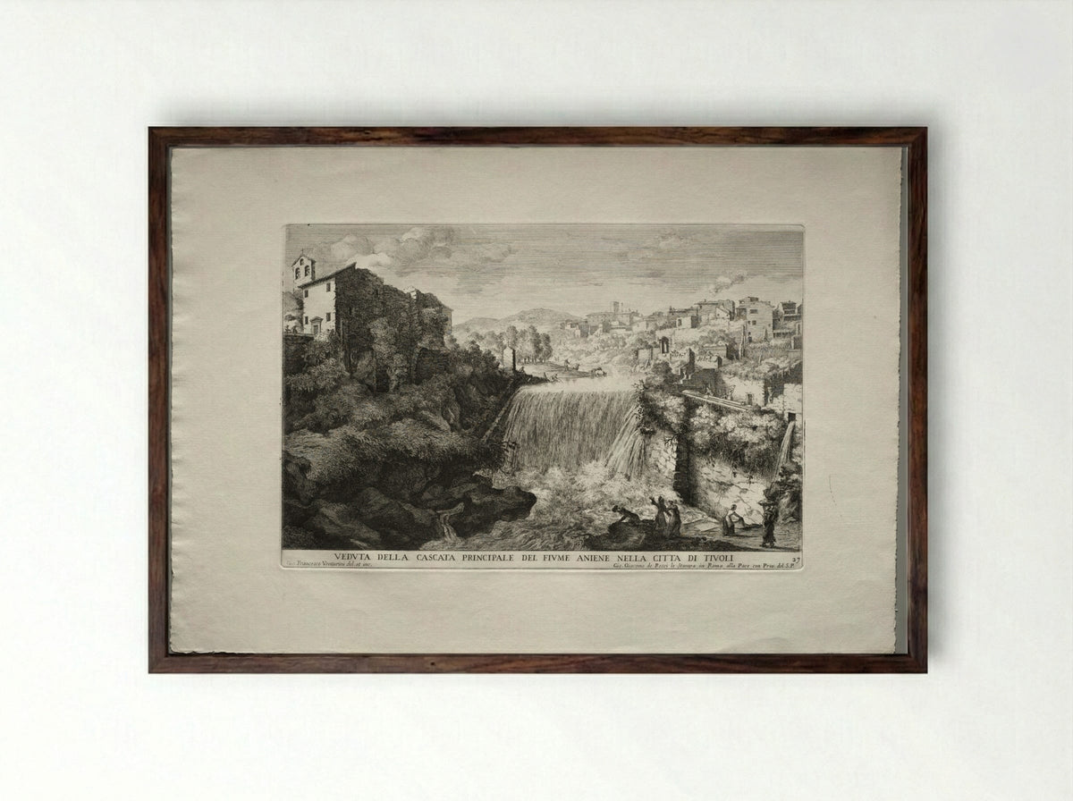 View of the Principal Cascade of the River Aniene in the City of Tivoli - Giovanni Francesco Venturini - Framed Print Dark Wood
