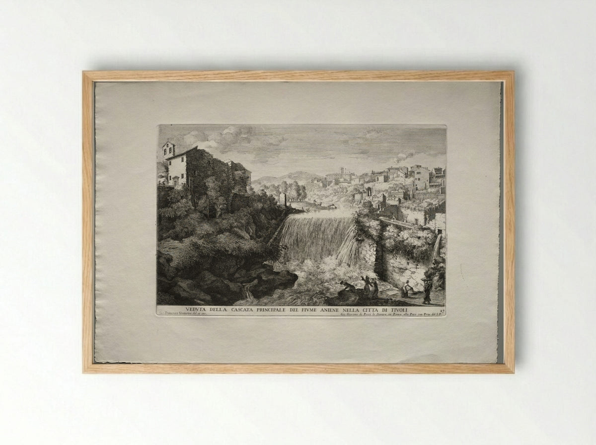View of the Principal Cascade of the River Aniene in the City of Tivoli - Giovanni Francesco Venturini - Framed Print Wood