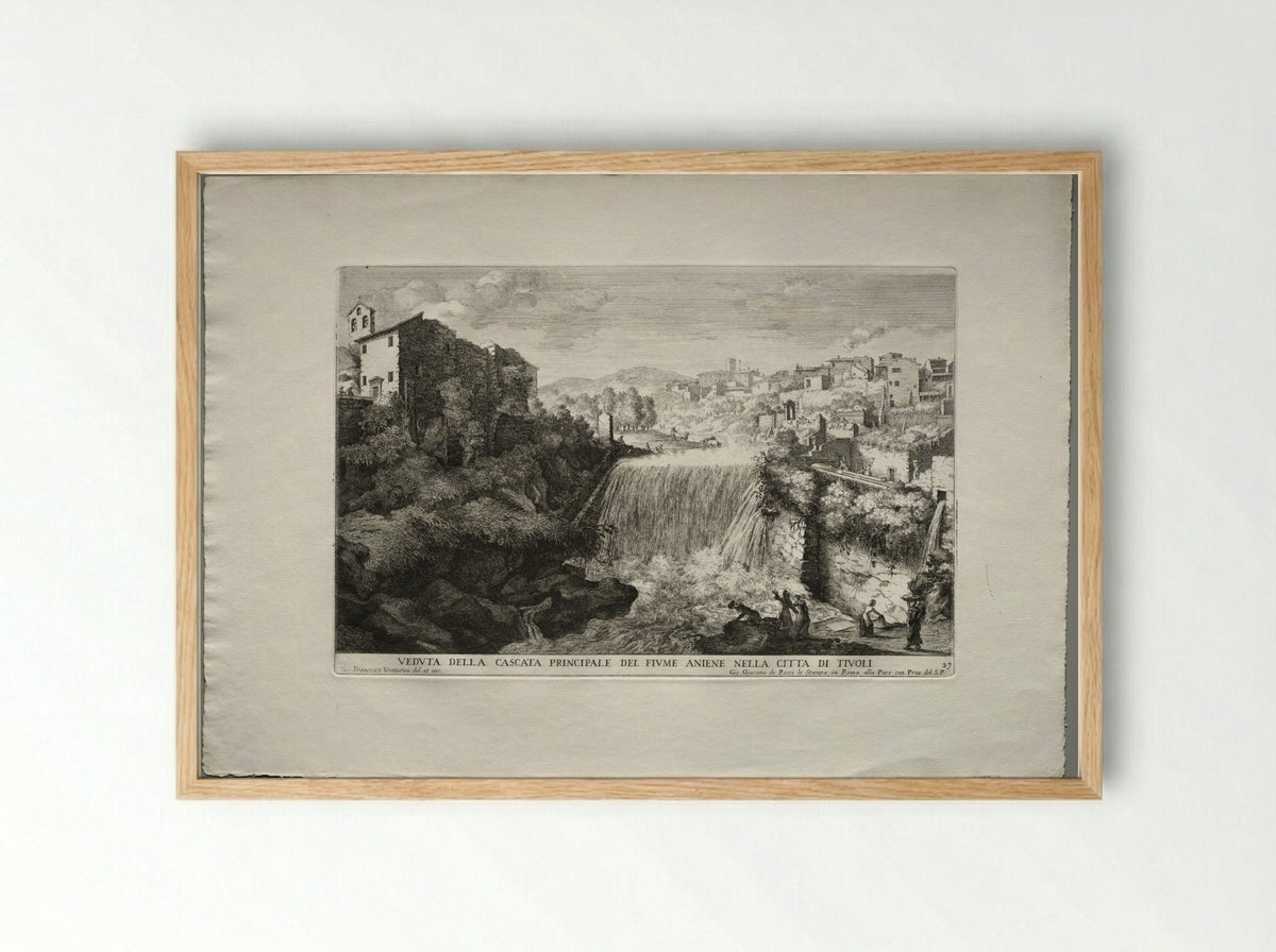 View of the Principal Cascade of the River Aniene in the City of Tivoli - Giovanni Francesco Venturini - Framed Print Wood