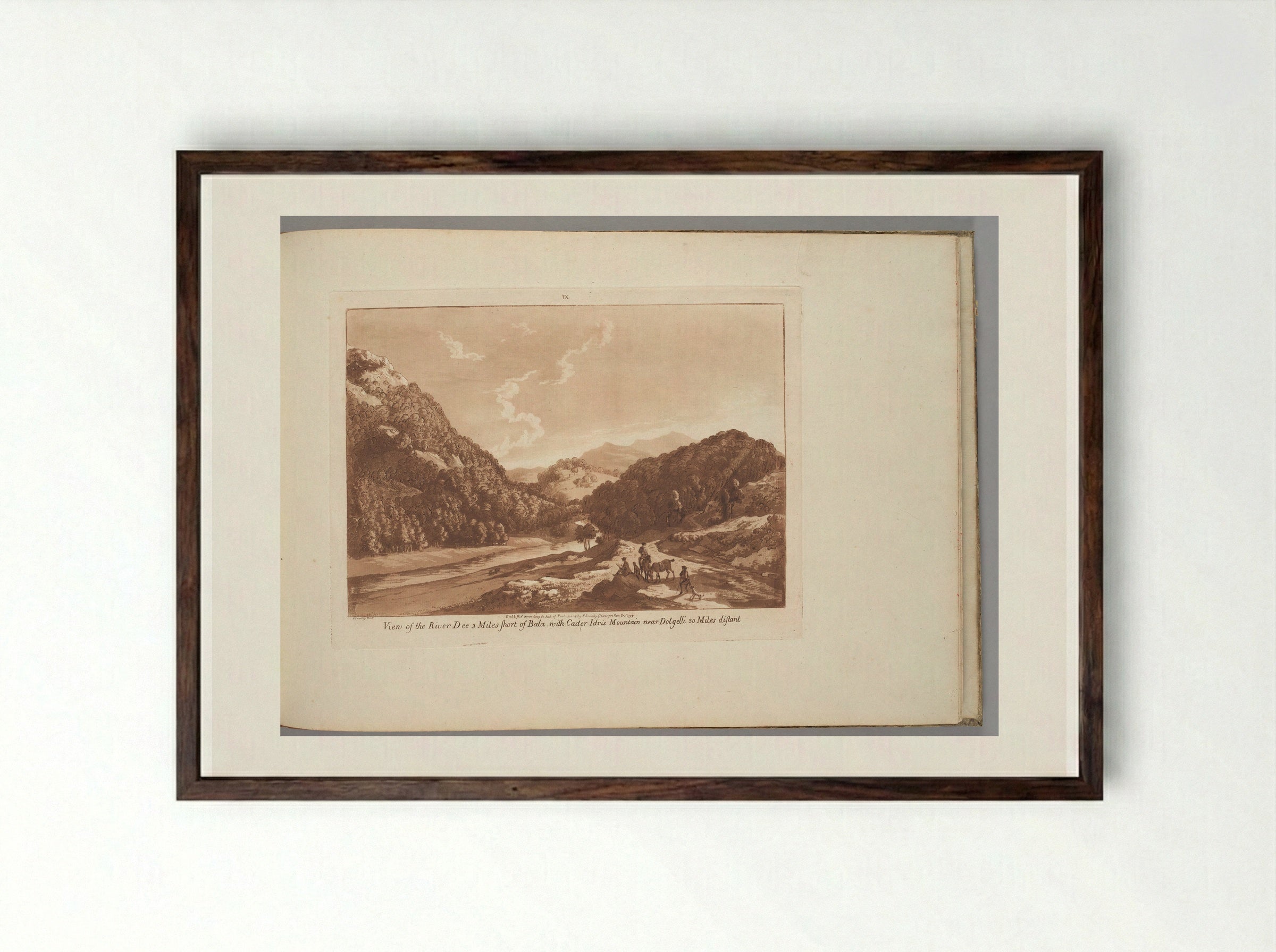 View of the River Dee 3 Miles Short of Bala, with Cader Idris Mountain near Dolgelli, 30 Miles - Paul Sandby - Framed Print Dark Wood