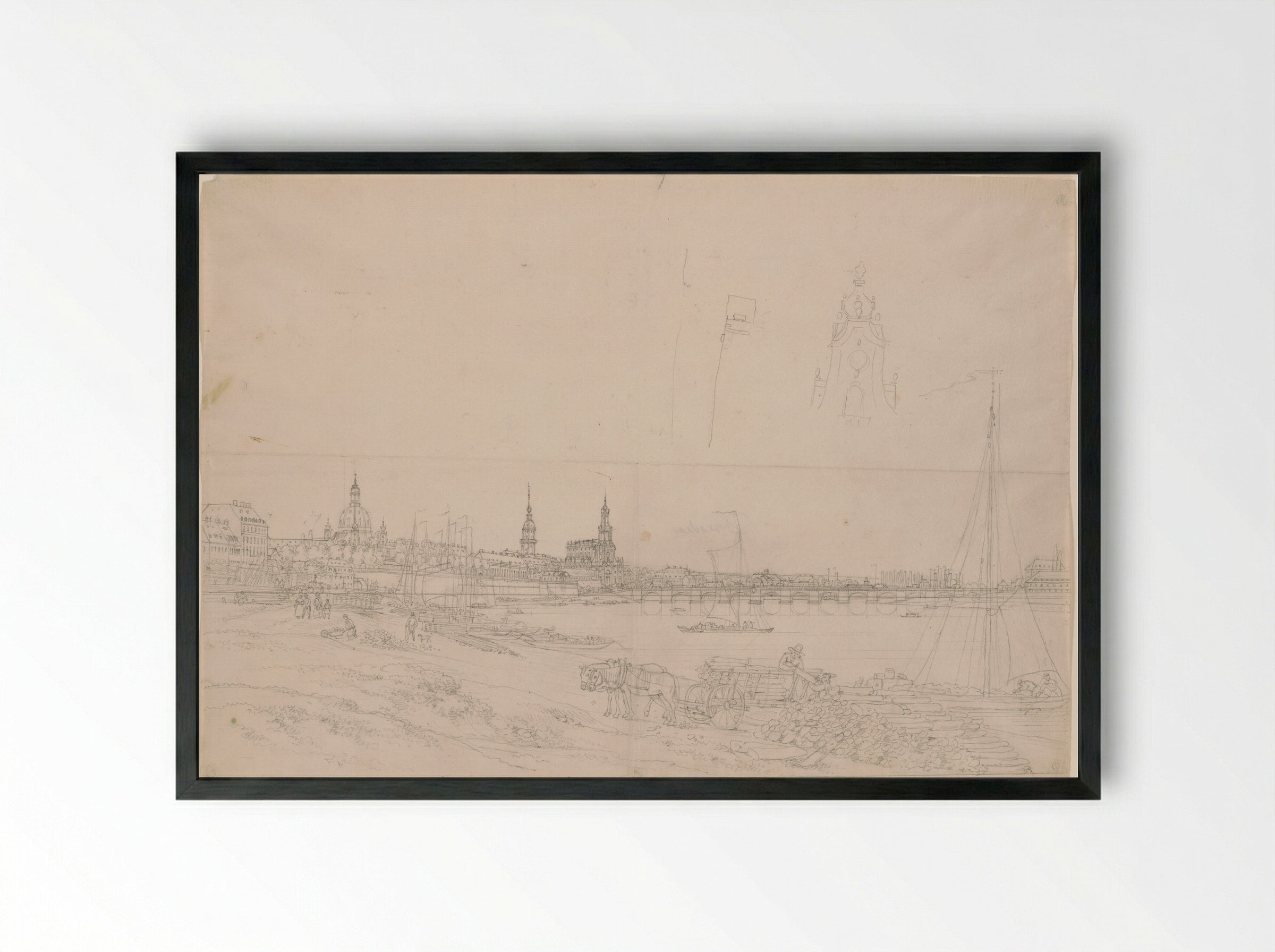 View of the Riverbank, the Frauenkirche, the Hofkirche, and the Augustus Bridge, Dresden - Adrian Ludwig Richter - Framed Print Black
