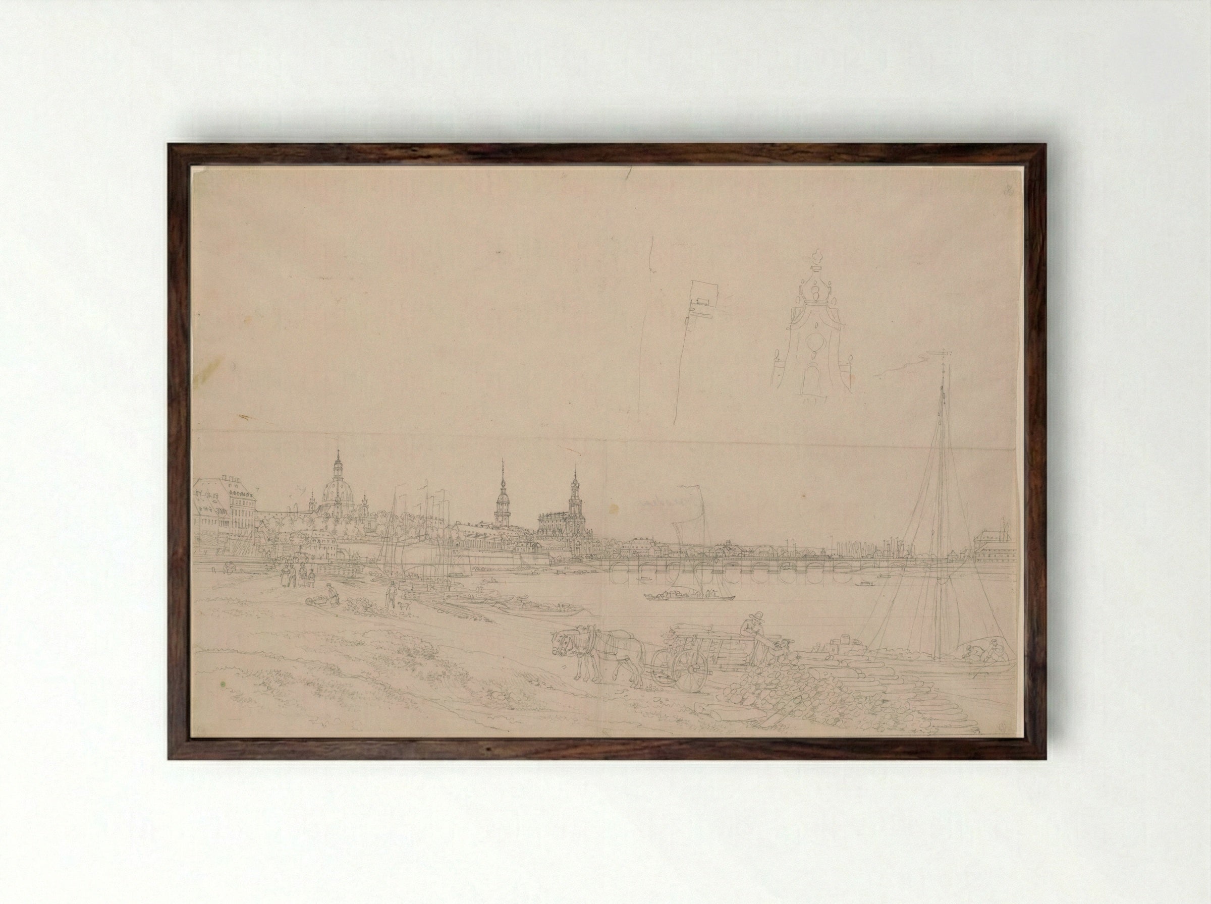 View of the Riverbank, the Frauenkirche, the Hofkirche, and the Augustus Bridge, Dresden - Adrian Ludwig Richter - Framed Print Dark Wood