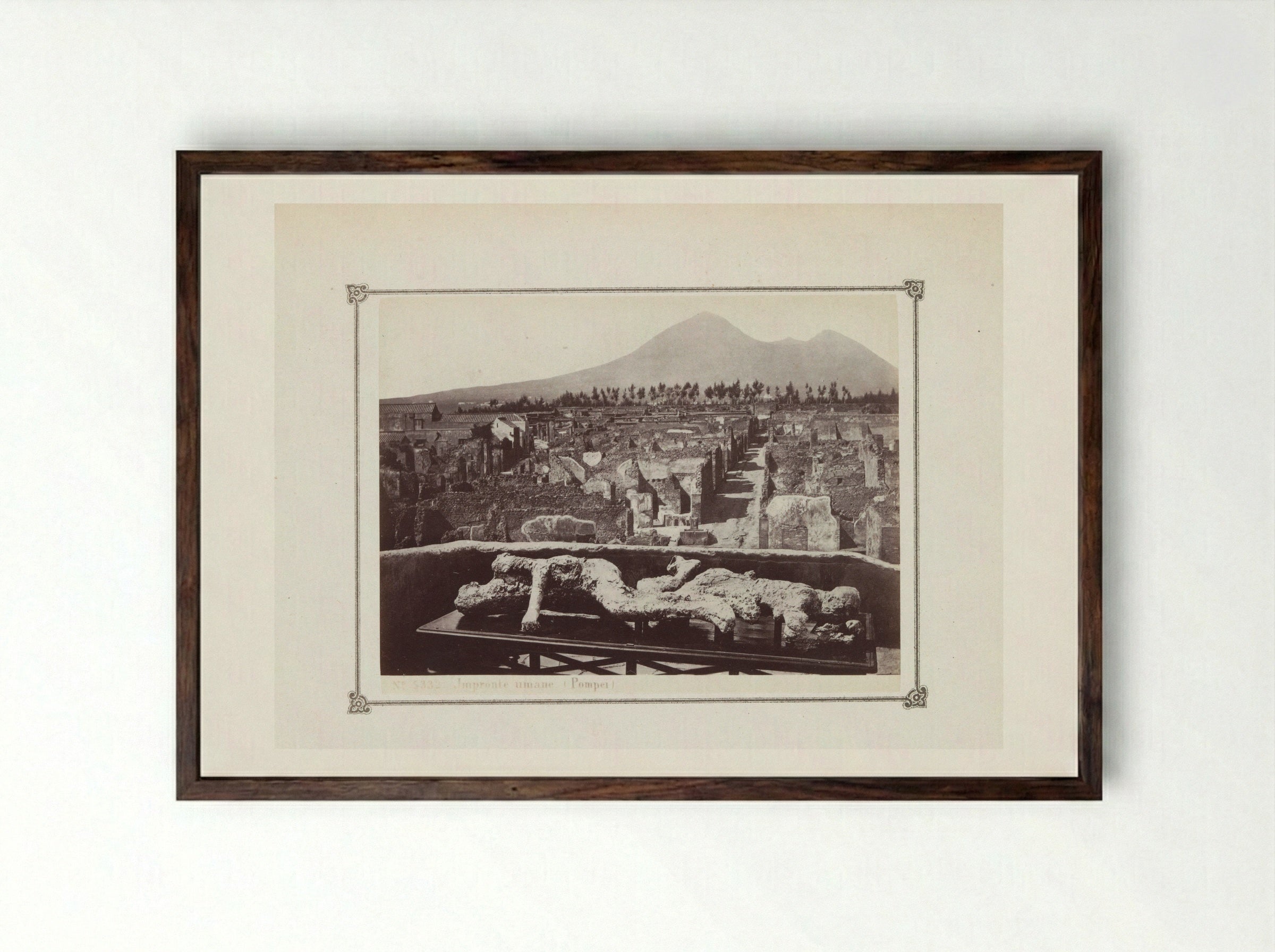 View of the Ruins of Pompeii with a Plaster Cast of a Victim in the Foreground - Giorgio Sommer - Framed Print Dark Wood