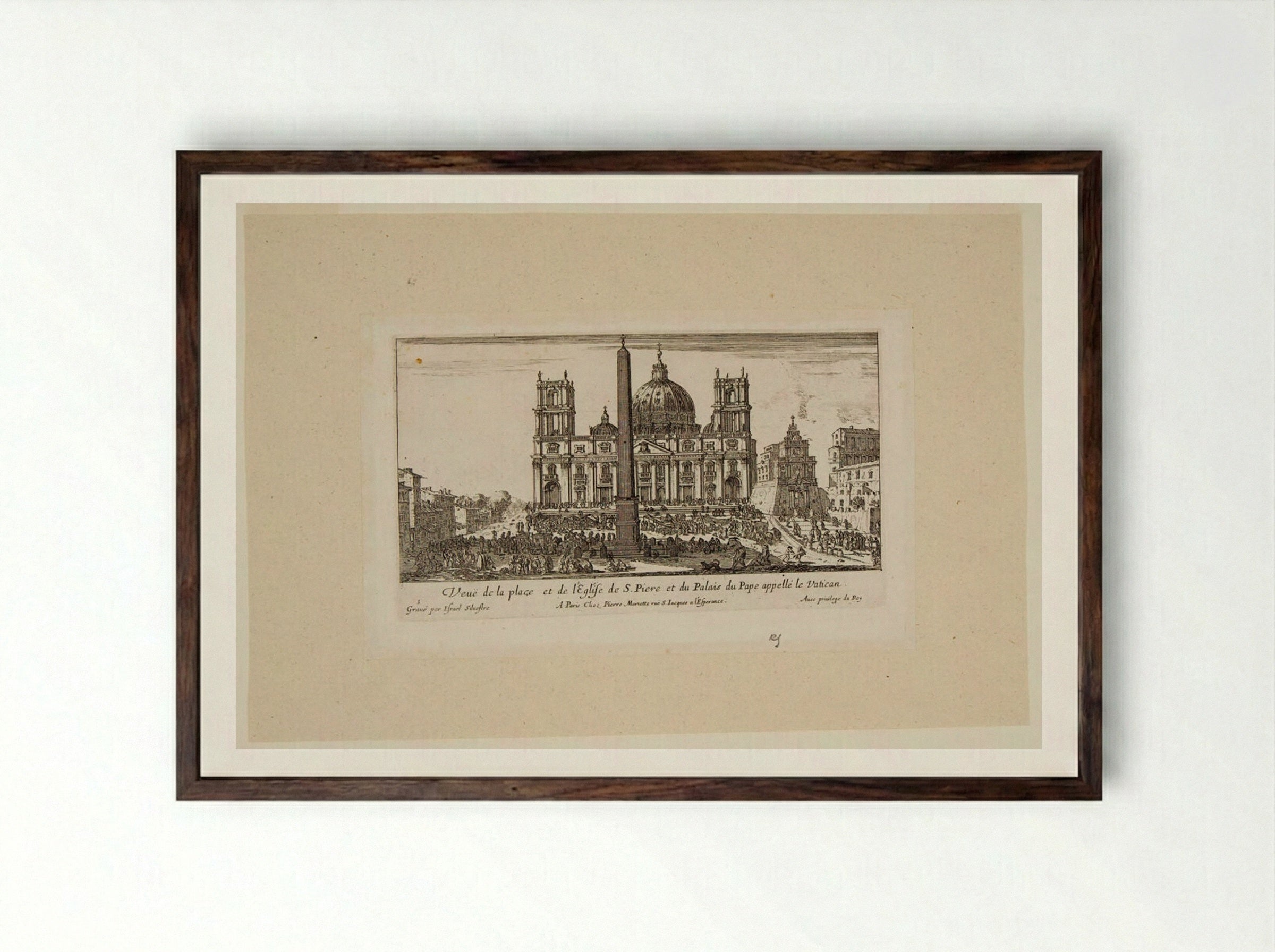 View of the Square and the Church of St. Peter and of the Palace of the Pope called the Vatican - Israël Silvestre - Framed Print Dark Wood