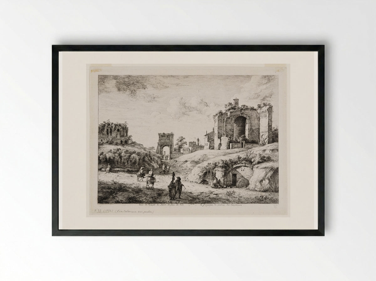View of the Temple of the Sun, the Arch of Titus, and a Fragment of the Palace of Emperors - Jean-Jacques de Boissieu - Framed Print Black