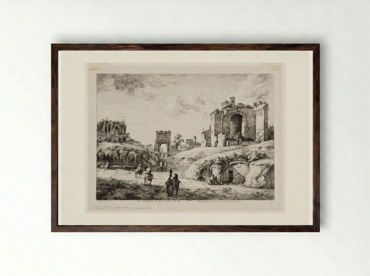 View of the Temple of the Sun, the Arch of Titus, and a Fragment of the Palace of Emperors - Jean-Jacques de Boissieu - Framed Print Dark Wood