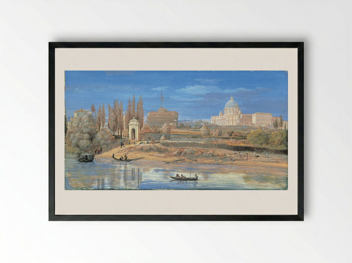 View of the Tiber with Castel Sant'Angelo and St. Peter's Basilica - Caspar van Wittel - Framed Print Black