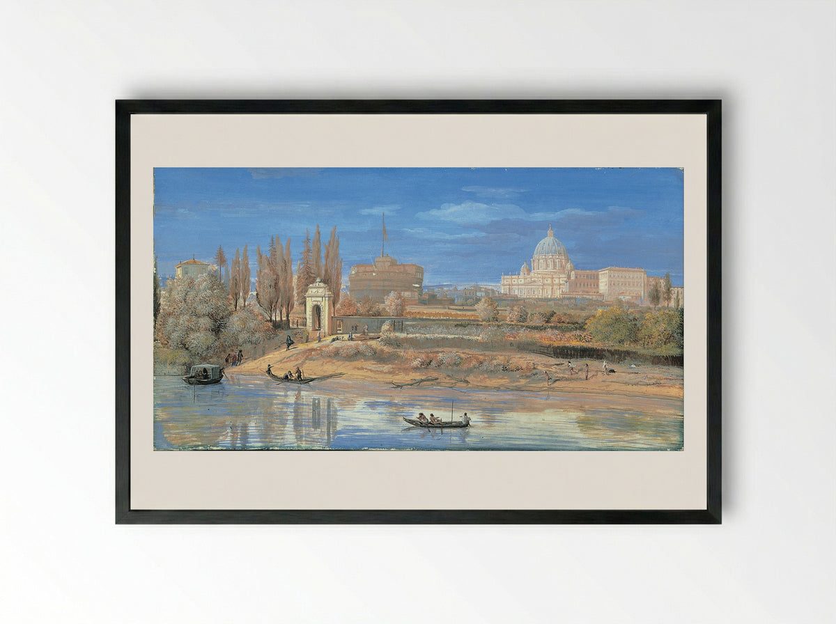 View of the Tiber with Castel Sant'Angelo and St. Peter's Basilica - Caspar van Wittel - Framed Print Black