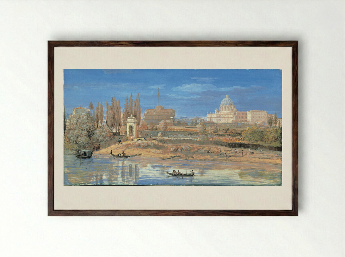 View of the Tiber with Castel Sant'Angelo and St. Peter's Basilica - Caspar van Wittel - Framed Print Dark Wood