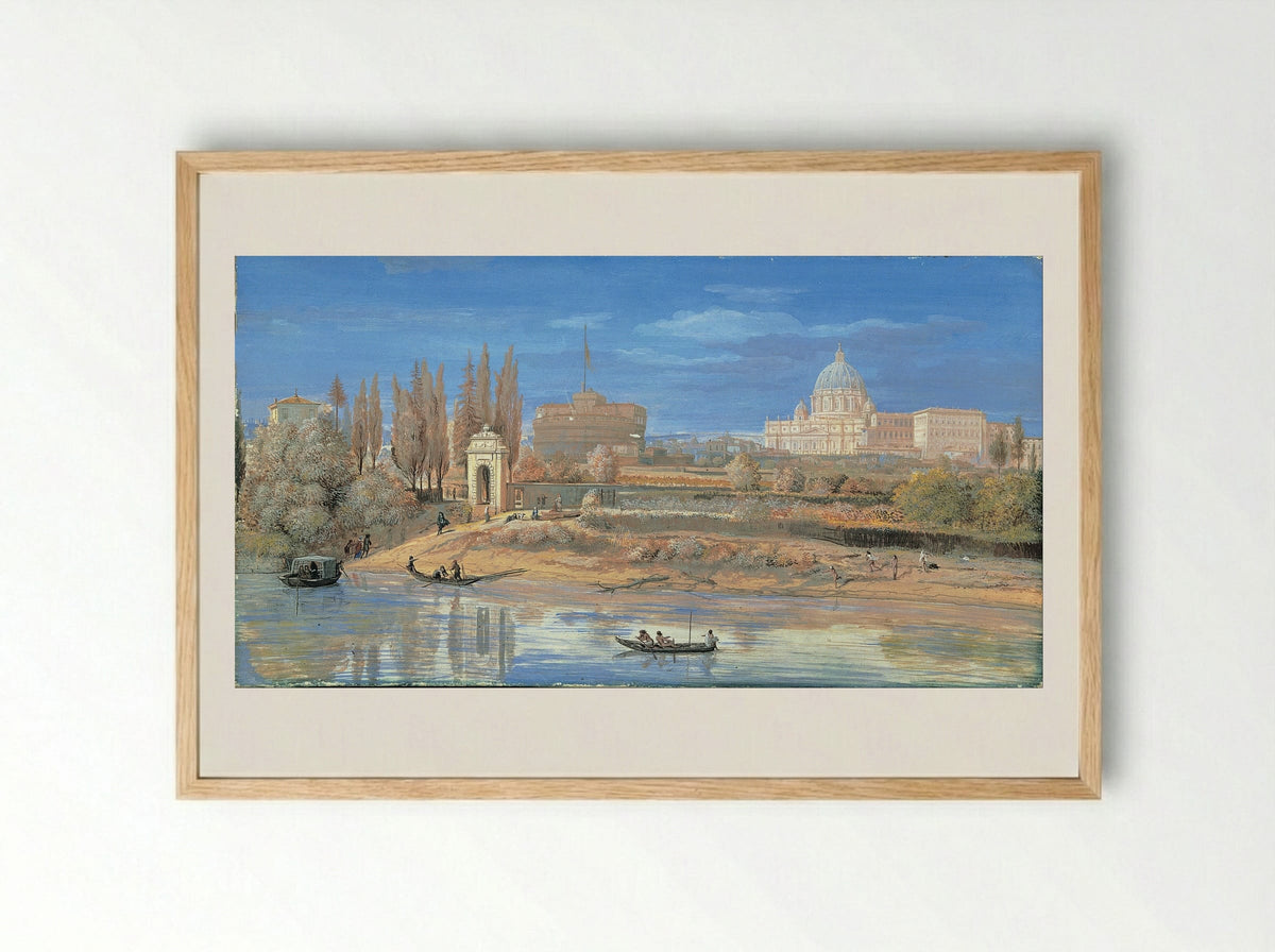 View of the Tiber with Castel Sant'Angelo and St. Peter's Basilica - Caspar van Wittel - Framed Print Wood