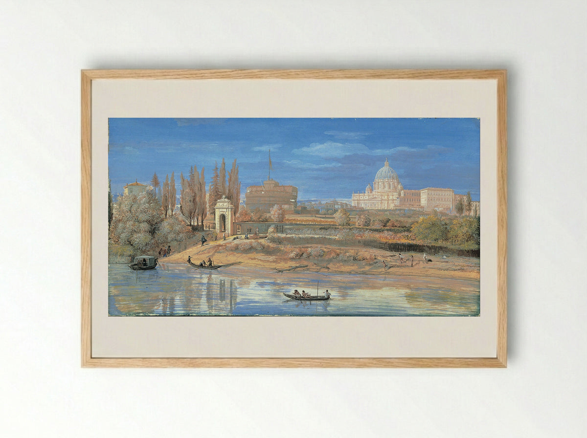 View of the Tiber with Castel Sant'Angelo and St. Peter's Basilica - Caspar van Wittel - Framed Print Wood