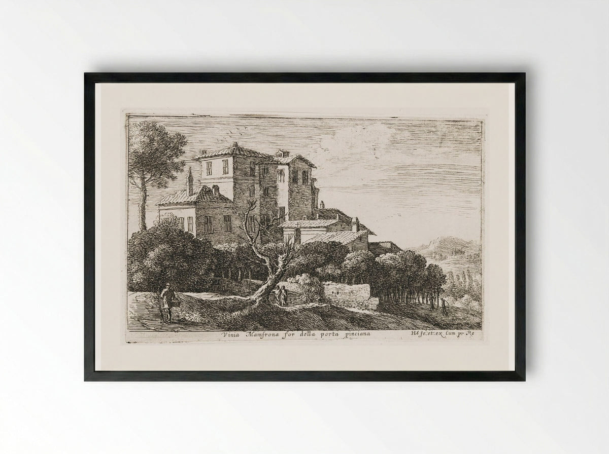 View of the Vineyard of the Villa Mamsrona - Herman van Swanevelt - Framed Print Black